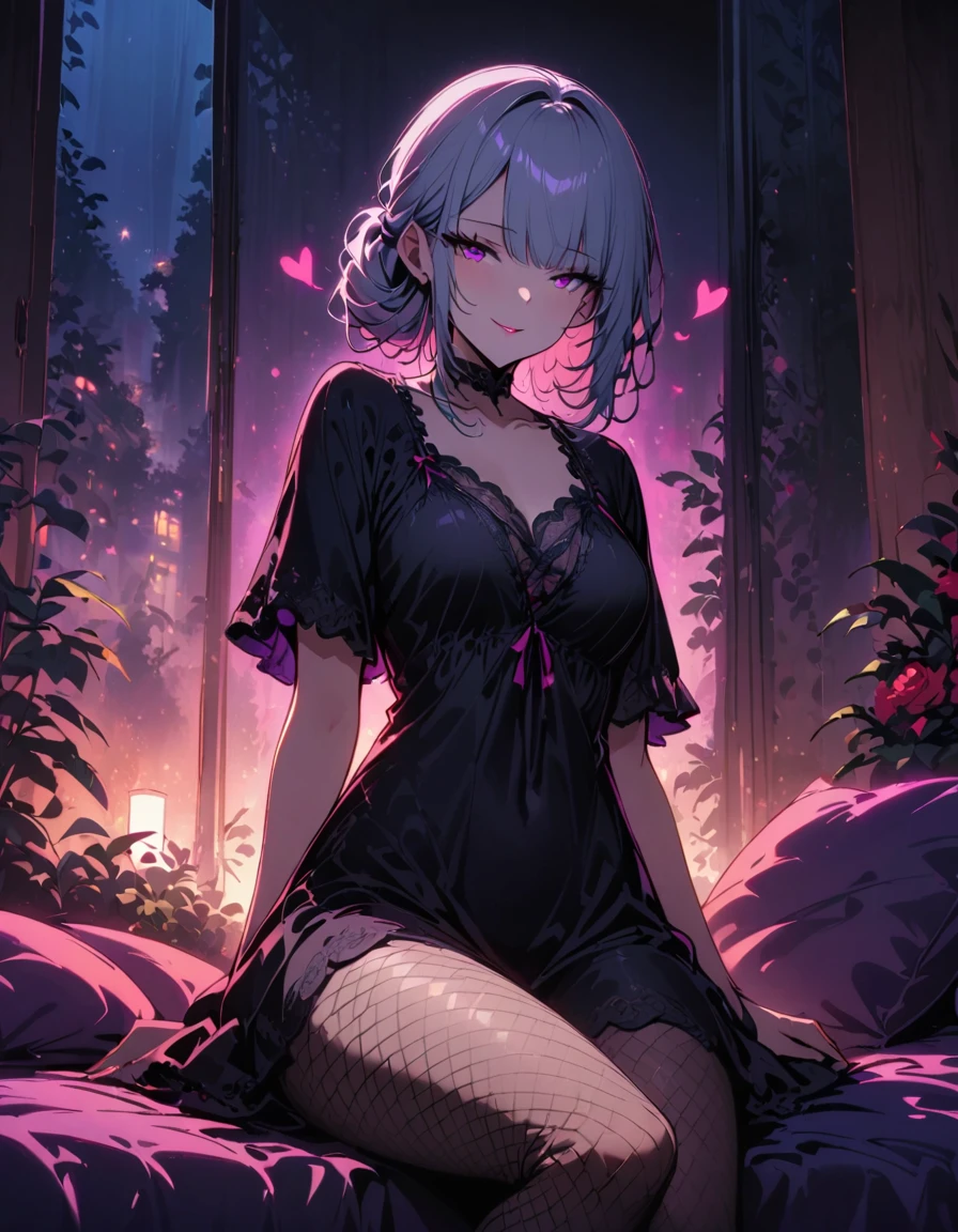 ((SFW)), (masterpiece, best quality, highres), 1 adult female, solo, nighttime, sitting on a bed, ((bed is outside)), forest in the background, ((comfortable night gown, short sleeves night gown)), long silver hair, pale pink lips, Fishnet tights, ((heart shaped cornea, beautiful seductive smile)), three bangs, purple pupils, (facial details, beautiful eyes, eyes full of details), dim moon light