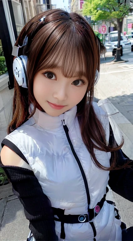 highest quality、超A high resolution、(Photorealistic:1.4)、Beauty、Korean Idol、21 years old、Highly detailed eyes and face、Beautiful and fine details、Eyeliner、High nose、Small Face、Natural light、Depth of written boundary、Blurred Background、High resolution、8k wallpaper details、Highly detailed 8K wallpapers、Hair length、Light brown hair、Neat wavy hairstyle、、Very small breasts、Realistic eyes, thin narrow eyes、Beautiful Eyes、Laughter、(astrovest):10,(black sleeves):5,(headphone ):2,、On the street、thin、A thin、Slender body line、Side shot