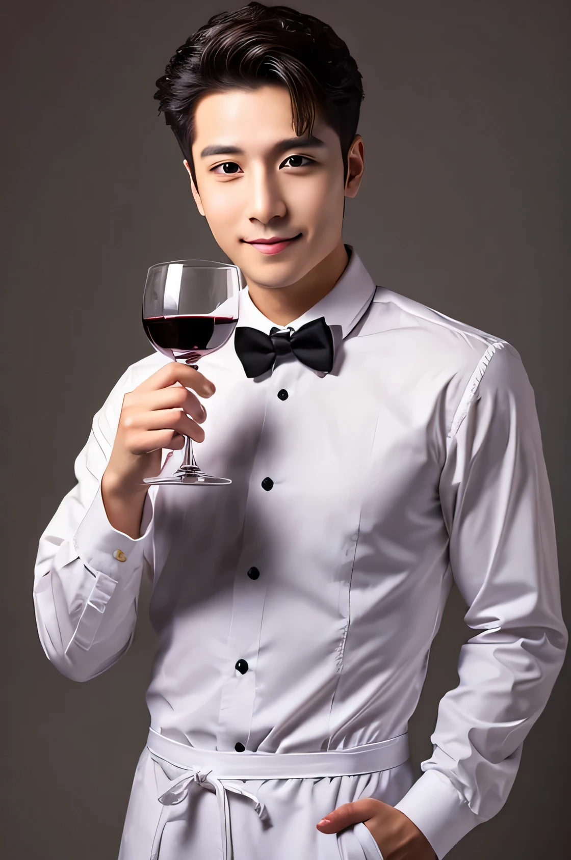 Waiter　male　Simple Background　Composition above the waist　holding a wine bottle
