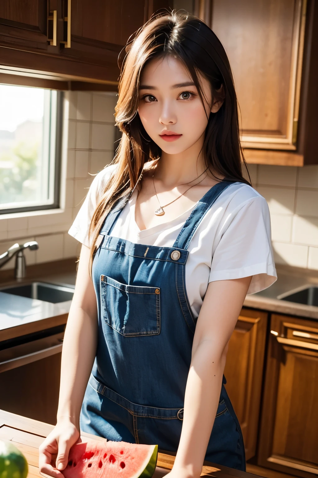 Background and model as is, (best quality, 8K, masterpiece: 1.3), Beautiful woman with perfect body: 1.2, dark brown hair, wearing a pendant, wearing an apron, in the kitchen, Highly detailed face and skin, detailed eyes, double eyelid, cut watermelon,