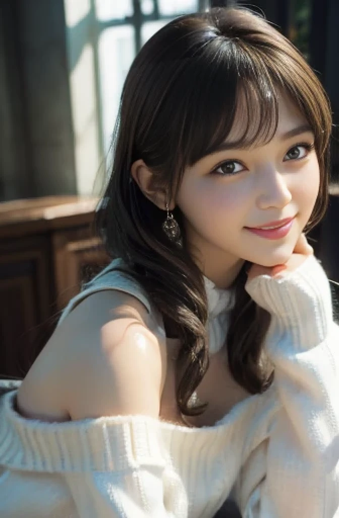 highest quality、shape、 Very detailed、finely、 High resolution、8k wallpaper、Perfect dynamic shape、Beautiful 17 year old girl、A neat and mature high school girl、Beautiful face in every detail、detailed Beautiful Eyes、Rough skin、A faint smile、Small breasts、Bold sexy pose、((White off-the-shoulder sweater、Long Hair:1.4))、((Looking at the audience、smile))、((Beautiful Eyes、Beautiful curly hair:1.3))