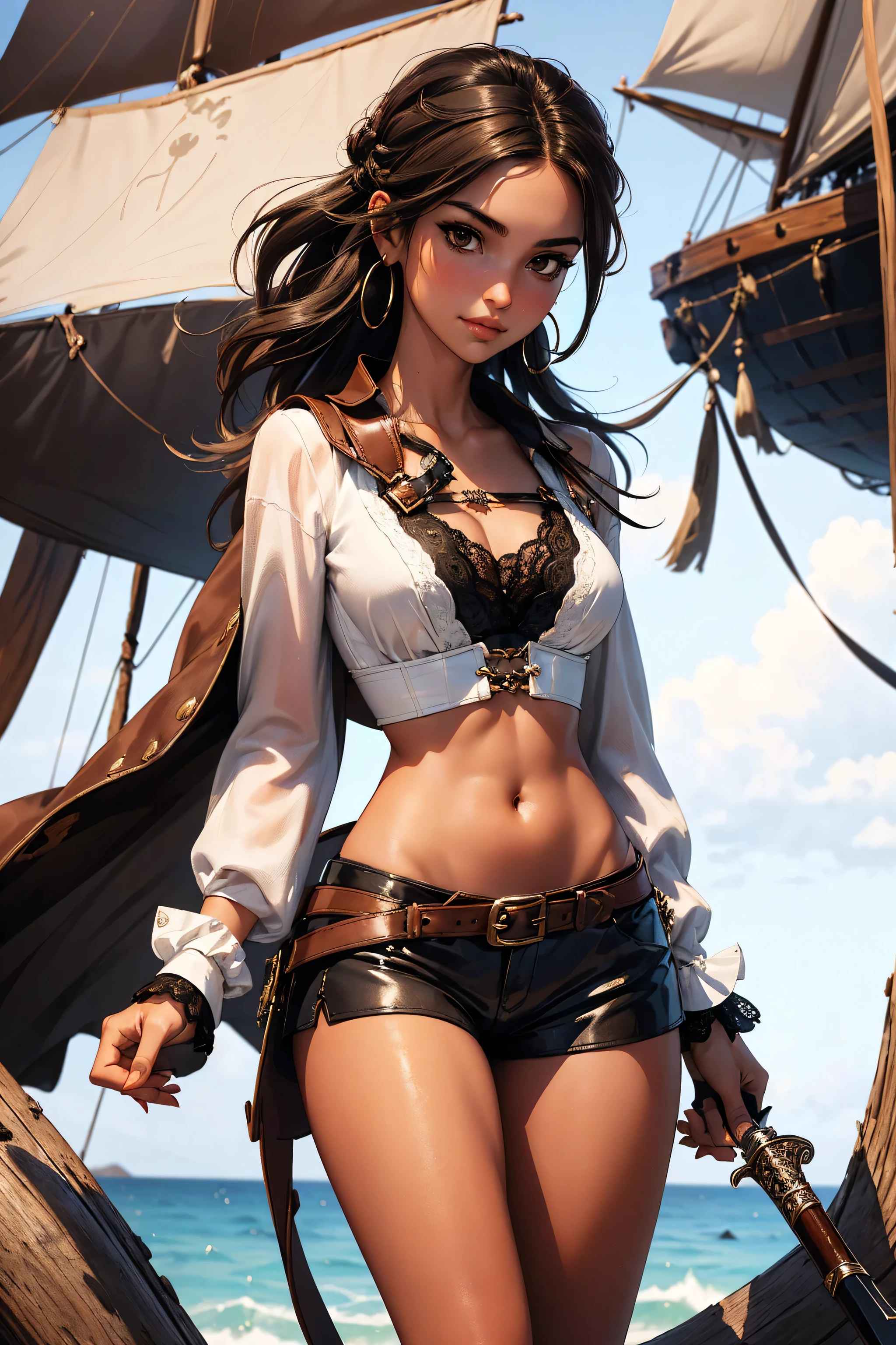 (masterpiece), best quality, expressive eyes, perfect face, (pirate ship background), (standing), (smirk), (closeup view), (1girl, selt, dark skin, tanned skin, black hair, wavy hairstyle, brown eyes, hourglass figure, thin body, skinny body, petite_body, medium breasts, thick thighs, long fingernails, brown plaid head wrap, white front lace blouse, long sleeve, loose fit, brown leather corset, brown leather shorts, brown boots, sheathed cutlass sword, flintlock pistol in holster, hoop earrings, miscellaneous jewelry)