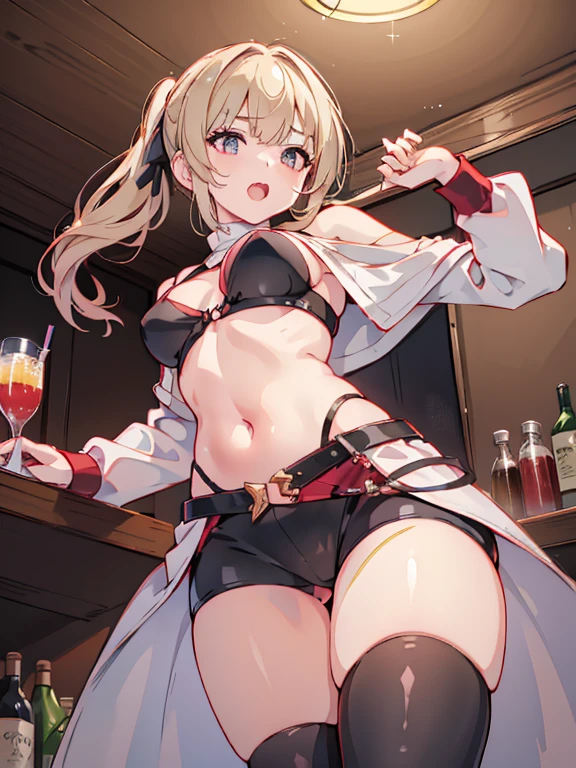 (from below:1.5),(from side:0.9), ((Face)), (Close-Up:1.2), masterpiece,"A 26-year-old girl stands at a bar counter. She is dressed in a stylish off-shoulder dress, sweater dress, off-shoulder sweater, red sweater,garter stocking, cleavage:1.1, midriff, black shorts, black thighhighs, thigh strap, pretty girl, (highly detailed beautiful face and eyes,firm breasts),real skin,((black,hair,long pony tail hair)),thin pubic hair,cute and lovely pose, detailed eyes, This masterpiece is only visually stunning but also tells,(double breasted:0.6,under bust:0.6),(with sparkling eyes and a contagious smile),open mouth. The bar is beautiful, with colorful bottles of alcohol in the background and a soft glow from neon lights. The atmosphere is relaxed, and the girl looks confident and fashionable.",full body, sexy pose,make a cocktail , in a bar counter, Looking at Viewer,