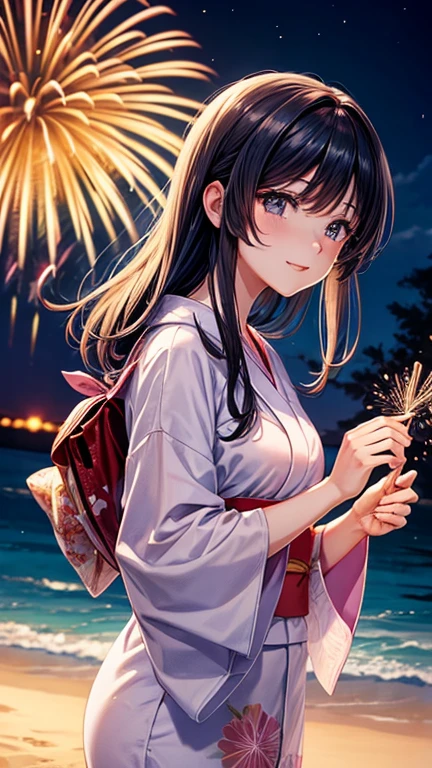 Beautiful anime-style woman、Enjoying fireworks on the beach wearing a yukata。