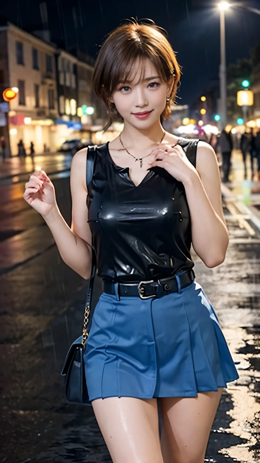 (RAW shooting, Photorealistic:1.5, 8k, highest quality, masterpiece, Ultra-high resolution), Perfect dynamic composition:1.2, Modern city street corner at night, Looking up at the sky:1.3, (((Typhoon heavy rain))), Highly detailed skin and facial textures:1.2, Slim office lady wet with rain:1.3, Sexy beauty:1.1, Perfect Style:1.2, beautifully、aesthetic:1.1, Fair skin, Very beautiful face, Water droplets on the skin, (Rain dripping down on my body:1.2, Wet body, Wet Hair:1.4, Wet Office Skirt:1.2, Wet OL uniform:1.3), belt, (Medium Chest, Bra see-through, Chest gap), (A look of resignation, Embarrassed smile, Her facial expression when she felt intense caressing, Facial expressions when feeling happy), (Beautiful Blue Eyes, Beautiful erotic eyes:0.8), (Too erotic:0.9, Fascinating:0.9), Cowboy Shot, Shoulder bag, necklace, Earrings, bracelet, clock