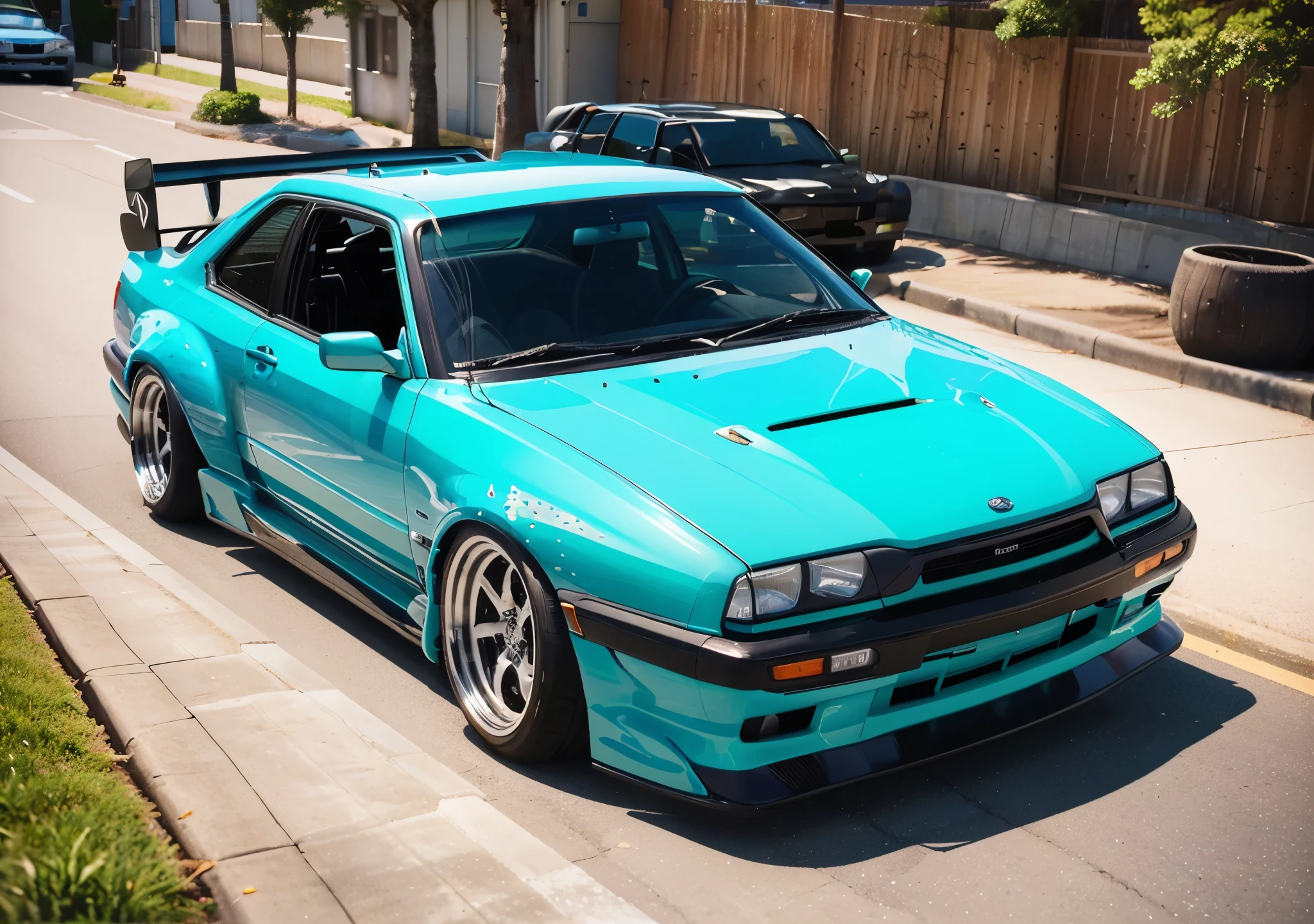 there is a blue car parked on the side of the road, ae 8 6, japanese drift car, wide body, highly detailed hyper real retro, realistic paint job, realistic cars, toyota jzx 1 0 0 drift, kentaro miura style, kodakchrome : : 8 k, inspired by Kentaro Miura, dynamic pearlescent teal light