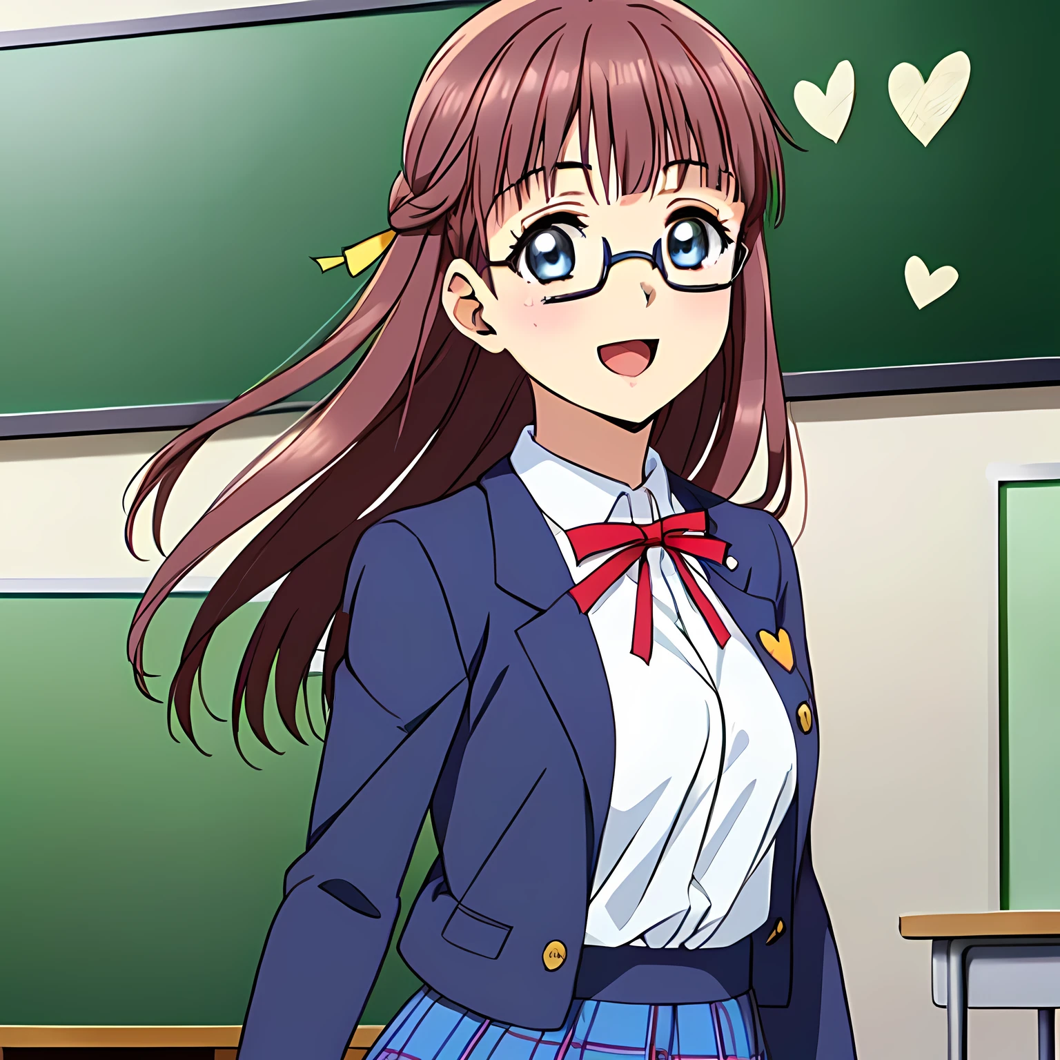 highest quality, (masterpiece:1.2), Very detailed, Game CG, (((Very beautiful girl in school uniform１A fashion model is drawing a heart symbol on a blackboard while looking at the board))), ((The girl everyone loves)), (((Brown and very shiny short bob hair))), (((Navy blue blazer))), ((Navy blue pleated long skirt)), ((((Very beautiful and shining eyes)))), ((Very long eyelashes)), A large crimson ribbon on the chest, ((An elegant expression like a noble princess)), (((A beautiful and enchanting smile))), Small face and great posture, ((Heavenly happiness)), (((The background is a school classroom with the wind blowing))), ((Very intelligent face)), ((Anime heroine smiling and open mouth)), ((Shooting from the side)), (fake glasses)