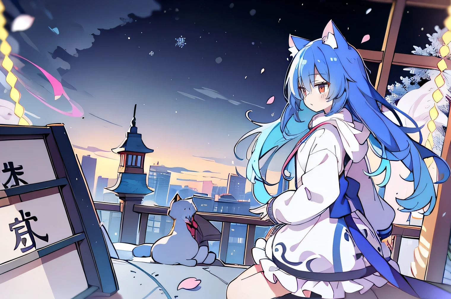 （masterpiece：1.2），Super detailed，lifelike，Expressive eyes，fair skin，perfect face shape，1 girl，
Japanese comics,Gorgeous blue hair,flowing blue hair,flowing clothes,Cat ears,Petals fall,beautiful lola,Baby Angel,
Shaking head with one hand，Cross your legs，Gentle and peaceful background，The pavilion is cool and comfortable,smile, wearing hoodie, background of tokyo,back views,snowing, winter.