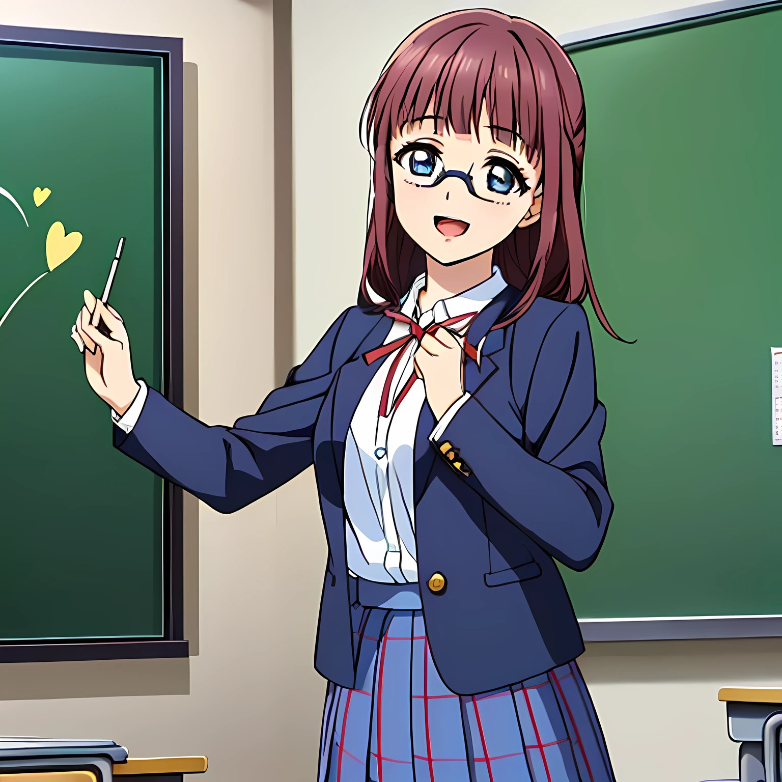 highest quality, (masterpiece:1.2), Very detailed, Game CG, (((Very beautiful girl in school uniform1A fashion model is drawing a heart symbol on a blackboard while looking at the board))), ((The girl everyone loves)), (((Brown and very shiny short bob hair))), (((Navy blue blazer))), ((Navy blue pleated long skirt)), ((((Very beautiful and shining eyes)))), ((Very long eyelashes)), A large crimson ribbon on the chest, ((An elegant expression like a noble princess)), (((A beautiful and enchanting smile))), Small face and great posture, ((Heavenly happiness)), (((The background is a school classroom with the wind blowing))), ((Very intelligent face)), ((Anime heroine smiling and open mouth)), ((Shooting from the side)), (fake glasses)