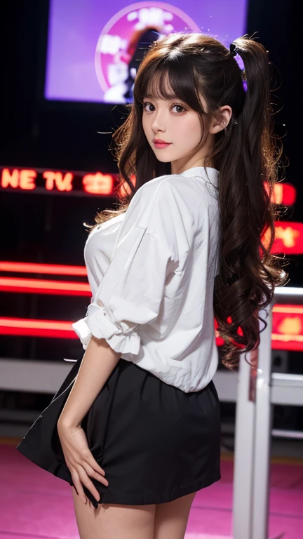 highest quality,woman,Big twin tails,Blunt bangs,Curly Hair,Soft wavy hairstyle,bright、Has a lively expression,Healthy and bright skin tone,Thick lips,From below,whole body,Looking at the camera,Cinema Lighting,Western-style building,Big Breasts,Cinema Lighting,Gothic&ta,Idol singer,Stage Costumes,Clothes with a large space on the chest,Super mini skirt