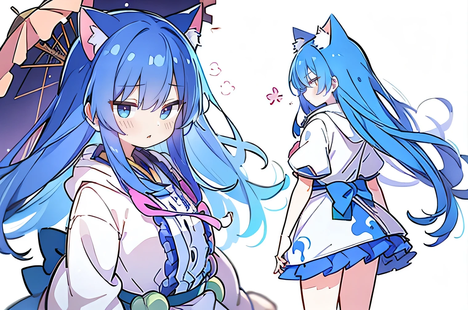 (masterpiece:1.2),Super detailed,lifelike,Expressive eyes,fair skin,perfect face shape,1 girl,
Japanese comics,Gorgeous blue hair,flowing blue hair,flowing clothes,Cat ears,Petals fall,beautiful lola,Baby Angel,
Shaking head with one hand,Cross your legs,Gentle and peaceful background,The pavilion is cool and comfortable,smile, wearing hoodie, background of tokyo,back views,snowing, winter.