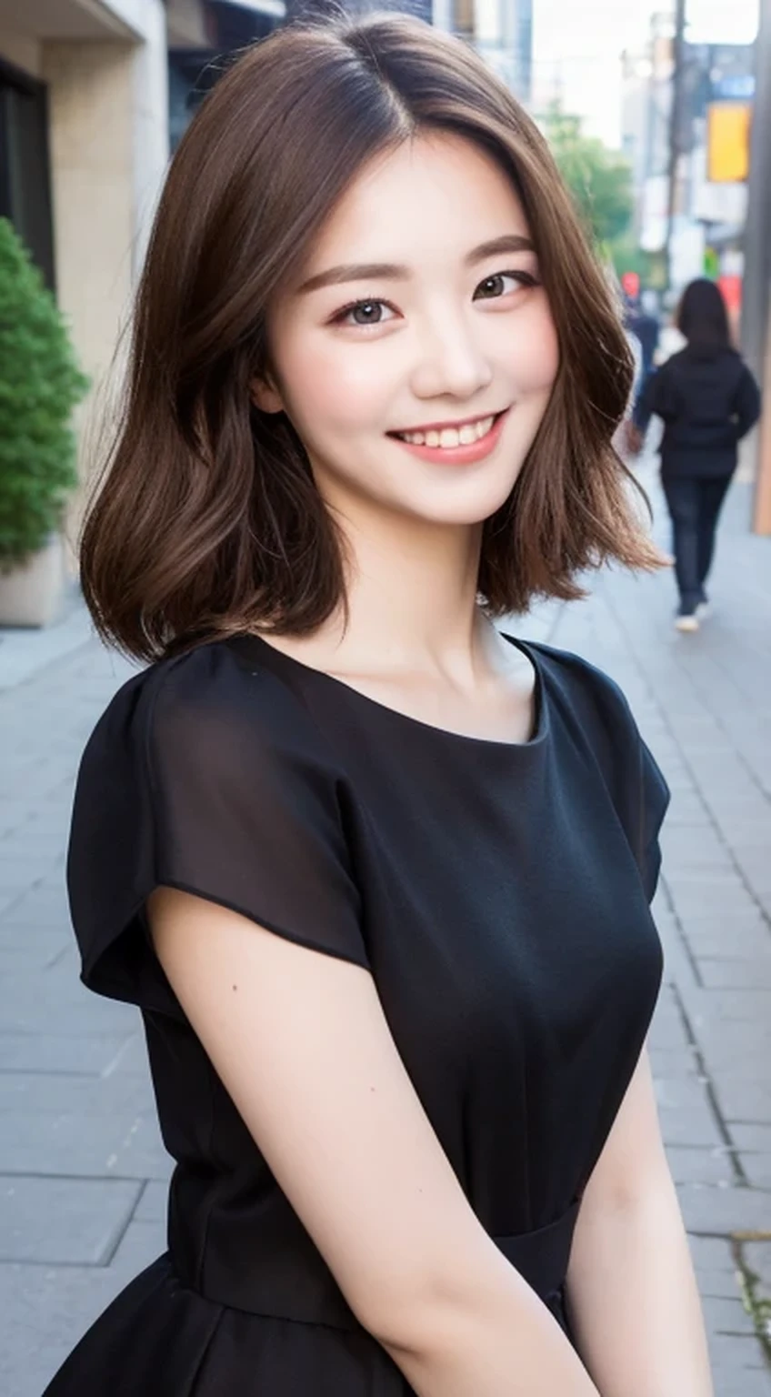 ((highest quality, 8k, masterpiece :1.3)), One girl, smile, whole body, Slim face, Beautiful woman, (Dark brown hair), Full-length dress :1.1, Highly detailed face, Fine grain, double eyelid, Blur the background, Slim face, city, outside, street,