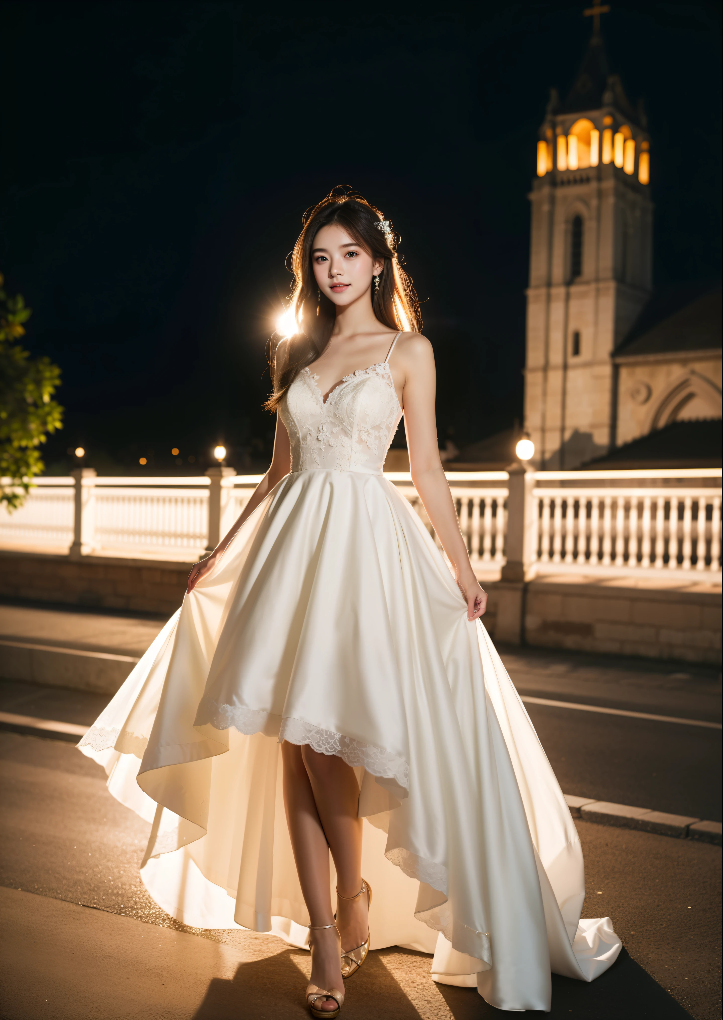 Beautiful 17 year old woman。She is wearing a wedding dress. She is smiling on illuminated by the evening church lights . romantic sunset. her dark brown hair. High resolution、masterpiece、highest quality、頭w:1.0、((Hasselblad Photos))、fine skin、(movie lighting)、clavicle . full body picture.