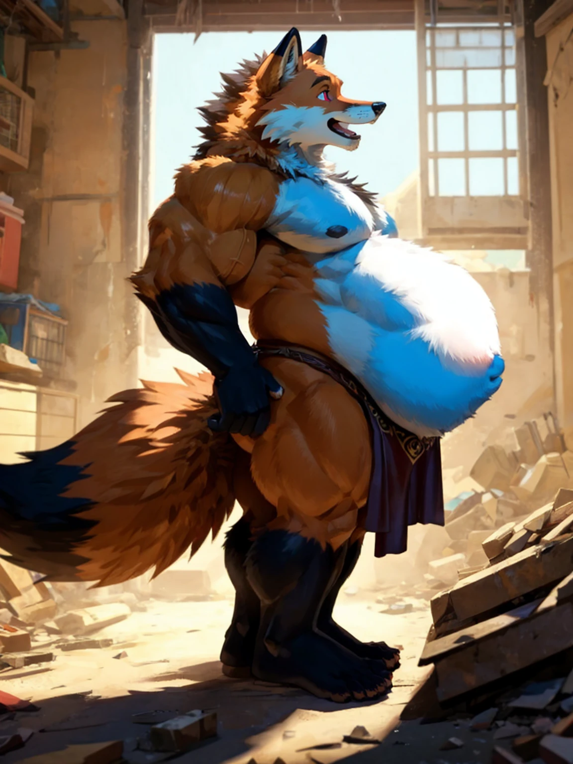 A very obese male red fox、Standing straight pose、Sharp toenails、Face facing up、The face of a barking red fox、Anime-style crimson eyes、very developed muscles、Hugely swollen lower abdomen as if pregnant、Hugely bulging crotch loincloth、Brown loincloth、Wide open mouth expression、A body that fills the screen、In a very dirty room、Rubble background、Composition looking up from below