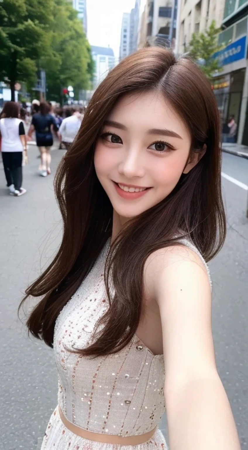 ((highest quality, 8k, masterpiece :1.3)), One girl, smile, whole body, Slim face, Beautiful woman, (Dark brown hair), Full-length dress :1.1, Highly detailed face, Fine grain, double eyelid, Blur the background, Slim face, city, outside, street,