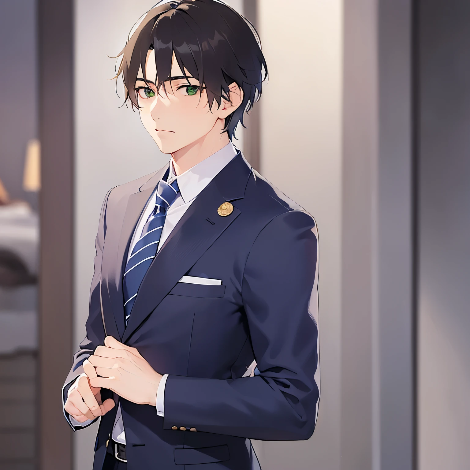 upper body、shiny skin, masterpiece、highest quality、(25-year-old male:1.5) and (Brown short hair) and (Green Eyes), (Wearing a suit) and (Blue tie)、(sad:1.3)、Background is an office room、(Alone:1.5)