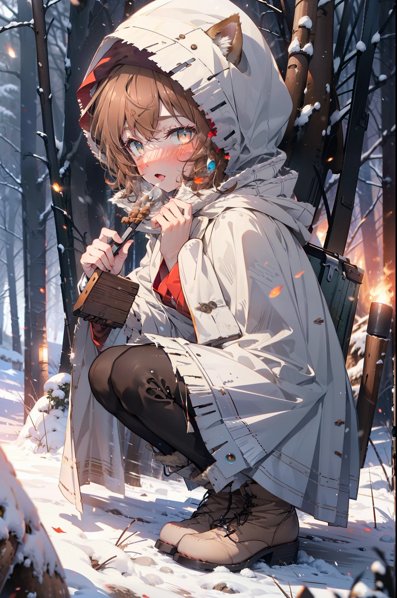Lililukarde, Liliruka gets burned, Animal ears, (Brown eyes:1.7), Brown Hair, (Flat Chest:1.2), short hair,smile,blush,White Breath,
Open your mouth,snow,Ground bonfire, Outdoor, boots, snowing, From the side, wood, suitcase, Cape, Blurred, having meal, forest, White handbag, nature, Squat, Mouth closed, Cape, winter, Written boundary depth, Black shoes, red Cape break looking at viewer, Upper Body, whole body, break Outdoor, forest, nature, break (masterpiece:1.2), highest quality, High resolution, unity 8k wallpaper, (shape:0.8), (Beautiful and beautiful eyes:1.6), Highly detailed face, Perfect lighting, Extremely detailed CG, (Perfect hands, Perfect Anatomy),
