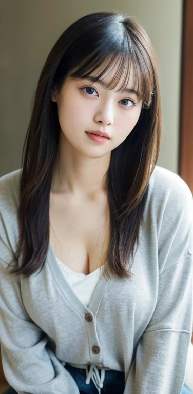 (8k), (highest quality: 1.2), (Realistic), (Realistic: 1.37), Ultra-high resolution,RAW Photos、 1 girl, Head to knee photo、cute, smile, Mouth closed, Beautiful details, Beautiful Nose, whole body, Wet Hair, Giant Dulcefo, pork, , (Large Breasts)、Saggy breasts、Soft Breasts、Overflowing breasts、Grayish color cardigan、隠しきれないLarge Breasts、Voluptuous thighs、Odd Eye、Heterochromia iridis