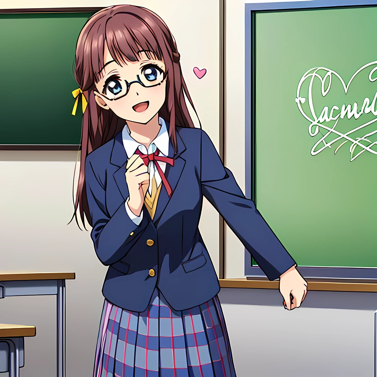 highest quality, (masterpiece:1.2), Very detailed, Game CG, (((Very beautiful girl in school uniform1A fashion model is drawing a heart symbol on a blackboard while looking at the board))), ((The girl everyone loves)), (((Brown and very shiny short bob hair))), (((Navy blue blazer))), ((Navy blue pleated long skirt)), ((((Very beautiful and shining eyes)))), ((Very long eyelashes)), A large crimson ribbon on the chest, ((An elegant expression like a noble princess)), (((A beautiful and enchanting smile))), Small face and great posture, ((Heavenly happiness)), (((The background is a school classroom with the wind blowing))), ((Very intelligent face)), ((Anime heroine smiling and open mouth)), ((Shooting from the side)), (fake glasses)