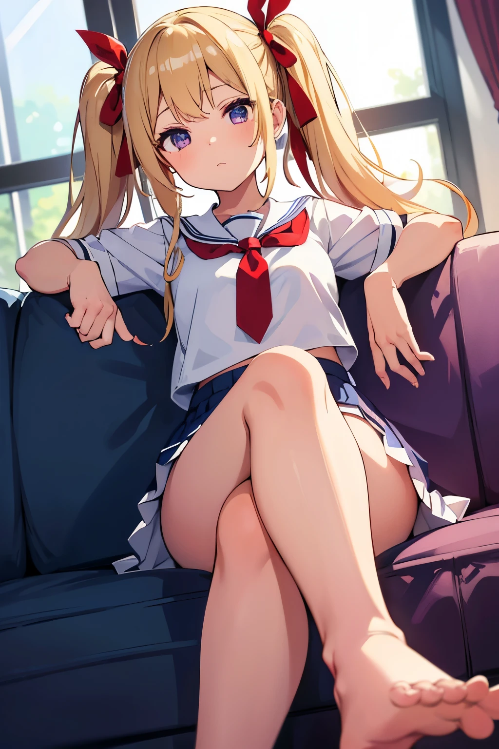 　A Cup　Gal　Blonde　Long twin tails　Red ribbon at twin tails　Purple eyes　1 person　White blouse　Navy blue tie　Navy blue mini skirt　White panties　barefoot　Sitting on the sofa　Dynamic Angle　Low Angle