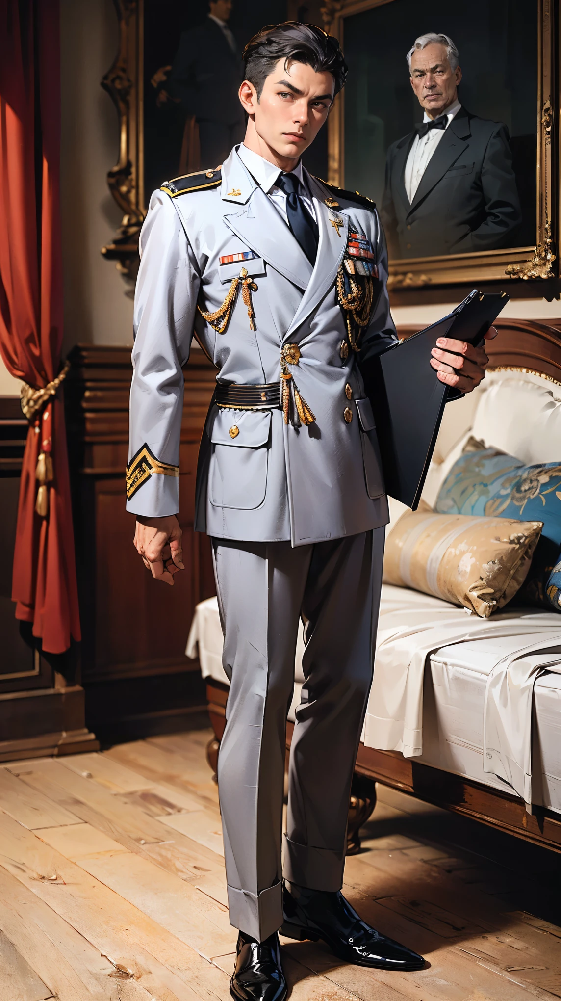 (Best quality, 4K, high resolution, masterpiece, ultra-detailed, realistic anatomy, photo-realistic:1.37), young, striking man, Aide-de-camp to the Field Marshal, (wearing a pristine military uniform), (dark gray double-breasted jacket adorned with a few commendations), (matching tailored trousers), Prussian Deaths Head cap, black polished boots, dark hair, neatly combed back, standing attentively with a clipboard in hand. This full-body portrait captures his youthful energy, dedication, and respect for his superior officer, with sharp focus on his uniform's immaculate condition, his few commendations, and his alert gaze. The image evokes an aura of ambition, discipline, and unwavering loyalty, set against the backdrop of a bustling military headquarters.