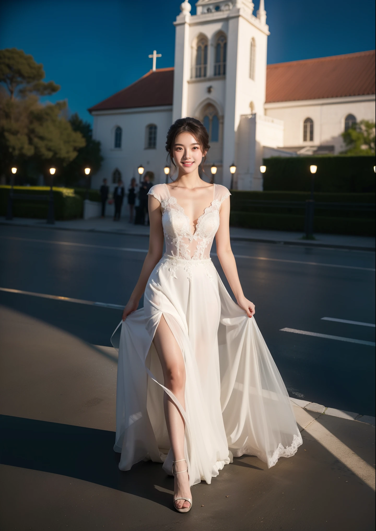 Beautiful   woman。She is wearing a wedding dress. She is smiling on illuminated by the evening church lights . romantic sunset. her dark brown hair. High resolution、masterpiece、highest quality、頭w:1.0、((Hasselblad Photos))、fine skin、(movie lighting)、clavicle . full body picture.