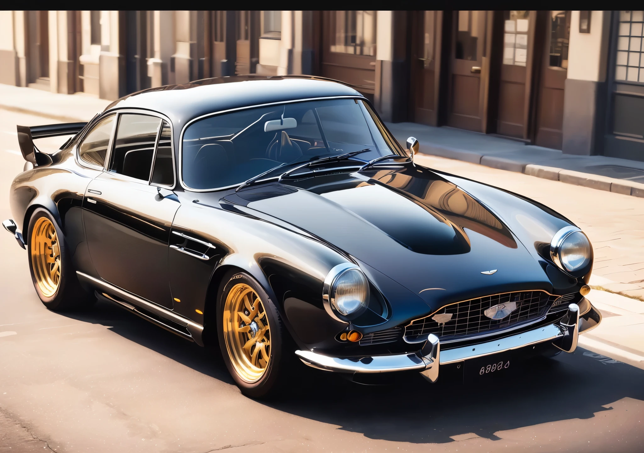 there is a black and gold car parked on the street, vintage aston martin, inspired by Bernardo Cavallino, classic cars, looking regal and classic, aston martin, miura kentaro style, 8k render”, classic car, octane render ] ”, 1961”, kodakchrome : : 8 k, inspiring, by John La Gatta