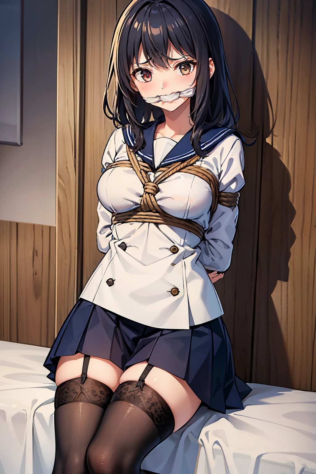 ((sailor uniform)), OTN, bound, scared expression, (Highly detailed CG Unity 8K), (highest quality)，(Very detailed)，(Ultra-high resolution), 1 female, White gag, Sailor suit, Rope Bondage, breasts Rope Bondage, hands back Rope Bondage, leg Rope Bondage, thigh Rope Bondage, bust Rope Bondage, feet Rope Bondage, Put your arms behind your hips, Wrists tied, Tie your ankles, Gagged with white cloth, Dark Blue Skirt, ((Black Stockings)), Black garter belt, loafers,