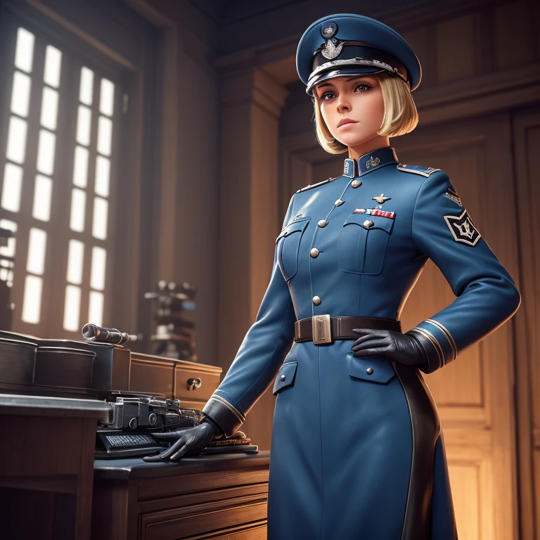 A gorgeous blonde 1944 hairdo with bangs female superfashion model, lighgly dressed in a mid-blue summer uniform of the Deutsche Luftwaffe, Major with a grey-blue Major´s cap on, with elaborate silver German Luftwaffe militar decoration and ornaments on cap and uniform, she is wearing black leather gloves and military boots and standing in front of a German control Tower on an military airfield with a small silver Luger pistol in her hand, atmospheric lighting enhances the cinematic feel of the scene, creating a vibrant and fashionable ambiance, accurate scale and proportion between car and girls, accurate, detailed and true „U-Boot equipment, fashion, 3d render, cinematic, vibrant, photo