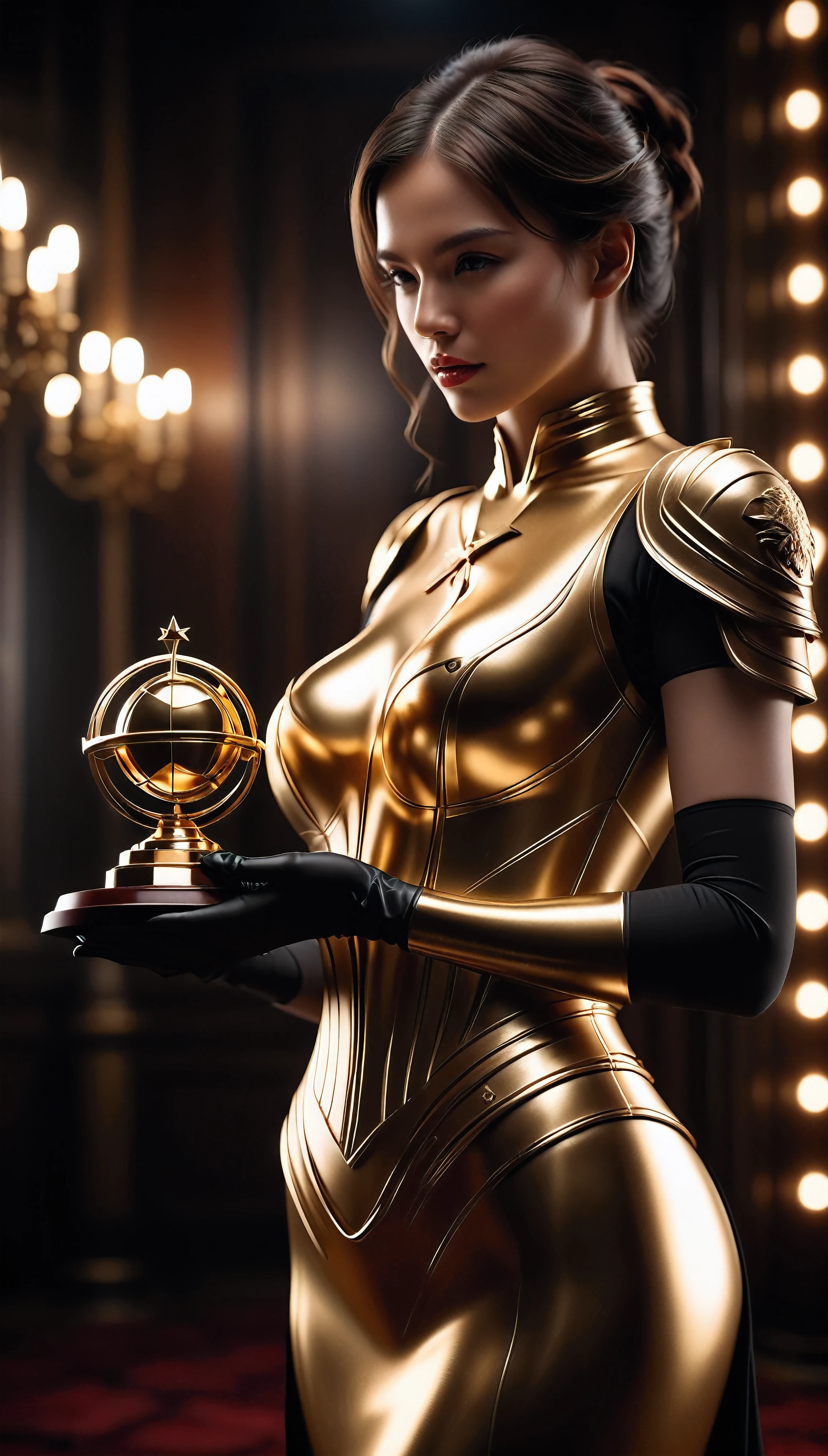 ((Masterpiece in maximum 16K resolution):1.6),((soft_color_photograpy:)1.5), ((Ultra-Detailed):1.4),((Movie-like still images and dynamic angles):1.3). | (cinematic photo of beautiful female with large gold trophy), (large gold trophy), (beautiful female with fancy hand gloves), (focus on the gold trophy), (cinematic lens), (exotic trophy), (luminous object), (majestic atmosphere), (shimmer), (aesthetic background), (visual experience),(Realism), (Realistic),award-winning graphics, dark shot, film grain, extremely detailed, Digital Art, rtx, Unreal Engine, scene concept anti glare effect, All captured with sharp focus. | Rendered in ultra-high definition with UHD and retina quality, this masterpiece ensures anatomical correctness and textured skin with super detail. With a focus on high quality and accuracy, this award-winning portrayal captures every nuance in stunning 16k resolution, immersing viewers in its lifelike depiction. | ((perfect_composition, perfect_design, perfect_layout, perfect_detail, ultra_detailed)), ((enhance_all, fix_everything)), More Detail, Enhance.