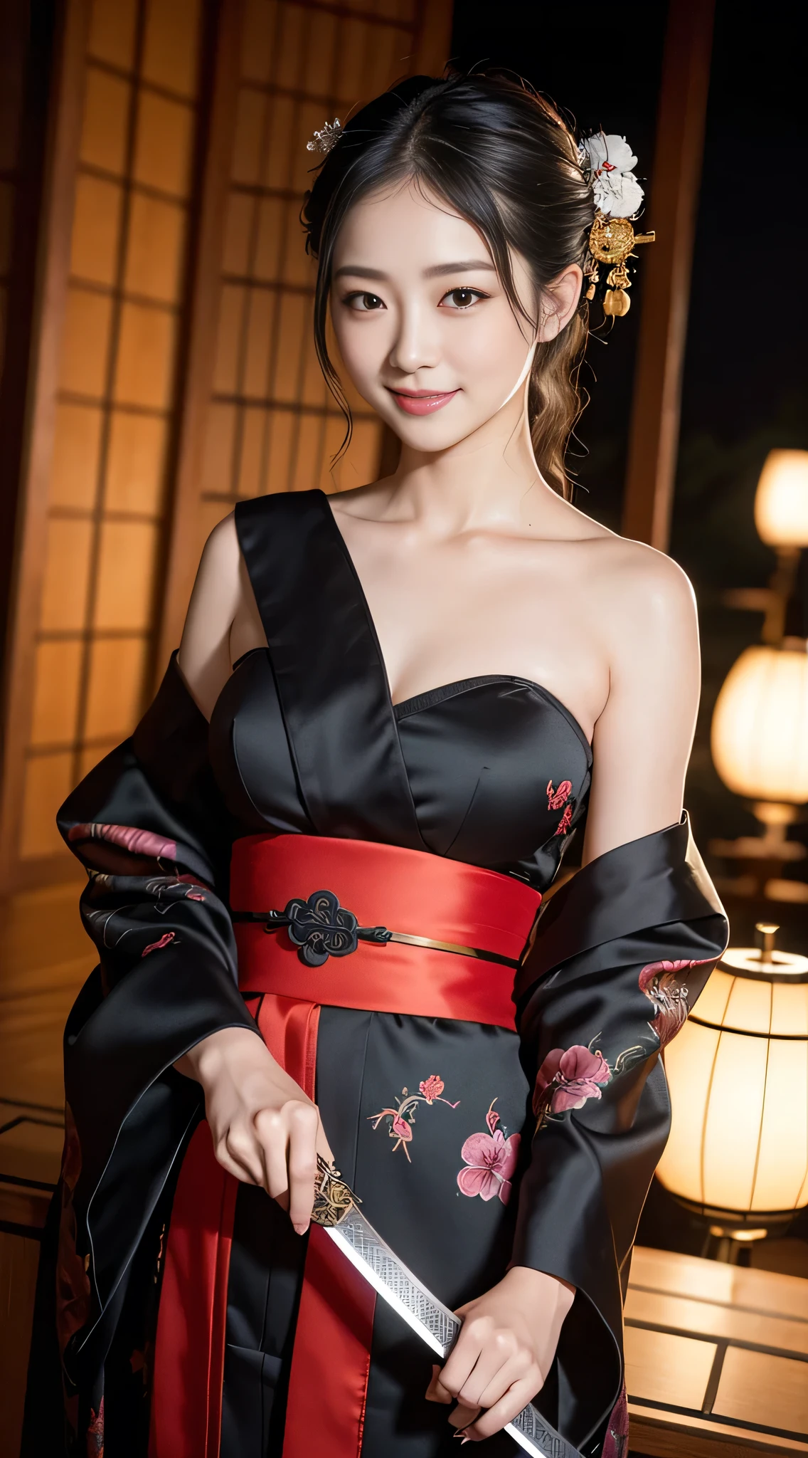 8K Ultra HD, Digital SLR,Film Grain, Fujifilm XT3,(highest quality:1.3), (masterpiece:1.1), High resolution, Cinematic Light, Intricate details, (Realistic) (Night view) Realistic backlight、Dramatic reddish light、Beautiful Japanese Geisha full body photo, ((Facial texture Pore details)), Grin、Devilish smile, Simple messy hairstyle, She wears a black satin kimono decorated with traditional dragon motifs..., Open shoulders, Colorful dragon tattoos all over the body,(( He has a long Japanese sword handle with a blade about one meter long.)), Inside a traditional villa, 8k, Front blur