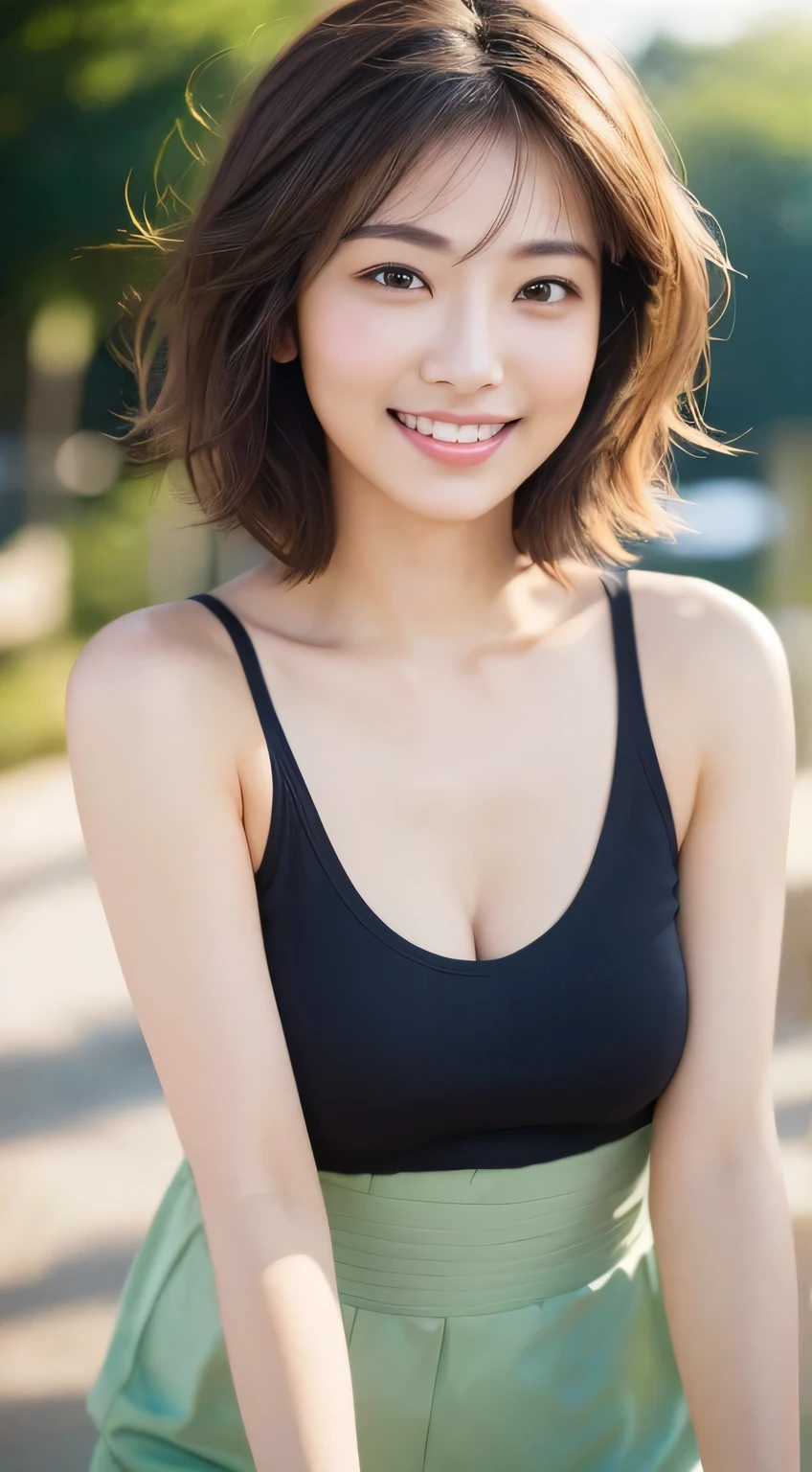Short hair, outdoor, fair skin, messy hair, smiling, Japanese, woman, So cute, Soft and Face, Brown Hair, 8k resolution, Ultra-realistic, Super Definition, Soft Body Tight Ass Night, A cup small ((Highest resolution, 8k, masterpiece: 1.3)), Super Definition Face, Super Definition Lips, Beautiful Eyes, double eyelid