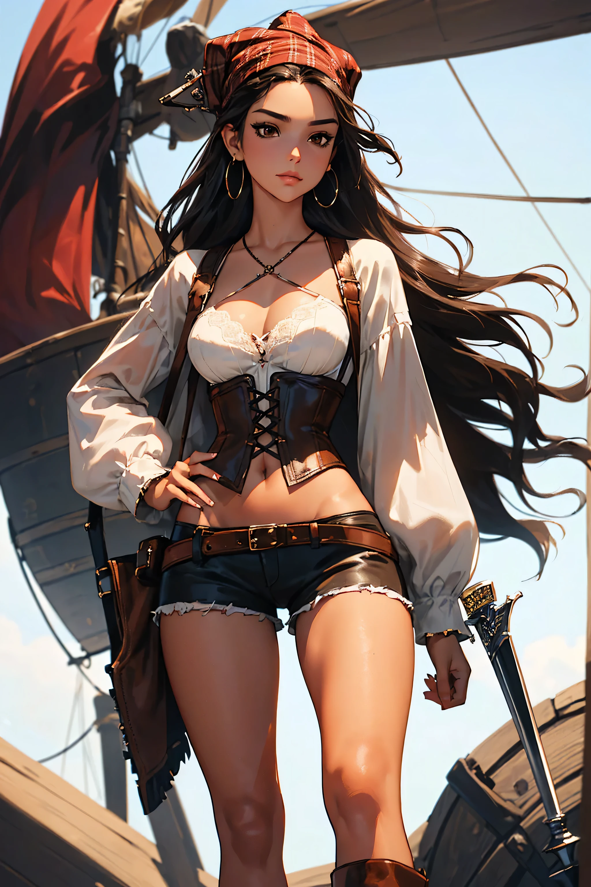 (masterpiece), best quality, expressive eyes, perfect face, (pirate ship background), (standing), (smirk, cocky, makeup, pornstar, vanessa alesssia), (closeup view), (1girl, selt, dark skin, tanned skin, black hair, wavy hairstyle, brown eyes, hourglass figure, thin body, skinny body, petite_body, medium breasts, thick thighs, long fingernails, brown plaid head wrap, white front lace blouse, long sleeve, loose fit, brown leather corset, brown leather shorts, brown boots, sheathed cutlass sword, flintlock pistol in holster, hoop earrings, miscellaneous jewelry)