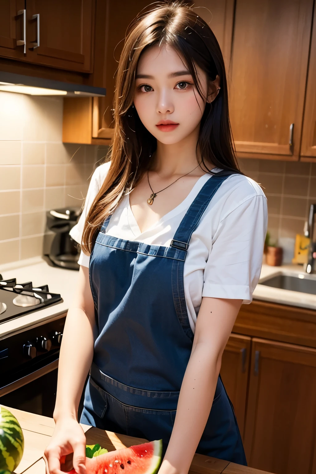 Background and model as is, (best quality, 8K, masterpiece: 1.3), Beautiful woman with perfect body: 1.2, dark brown hair, wearing a pendant, wearing an apron, in the kitchen, Highly detailed face and skin, detailed eyes, double eyelid, cut watermelon,