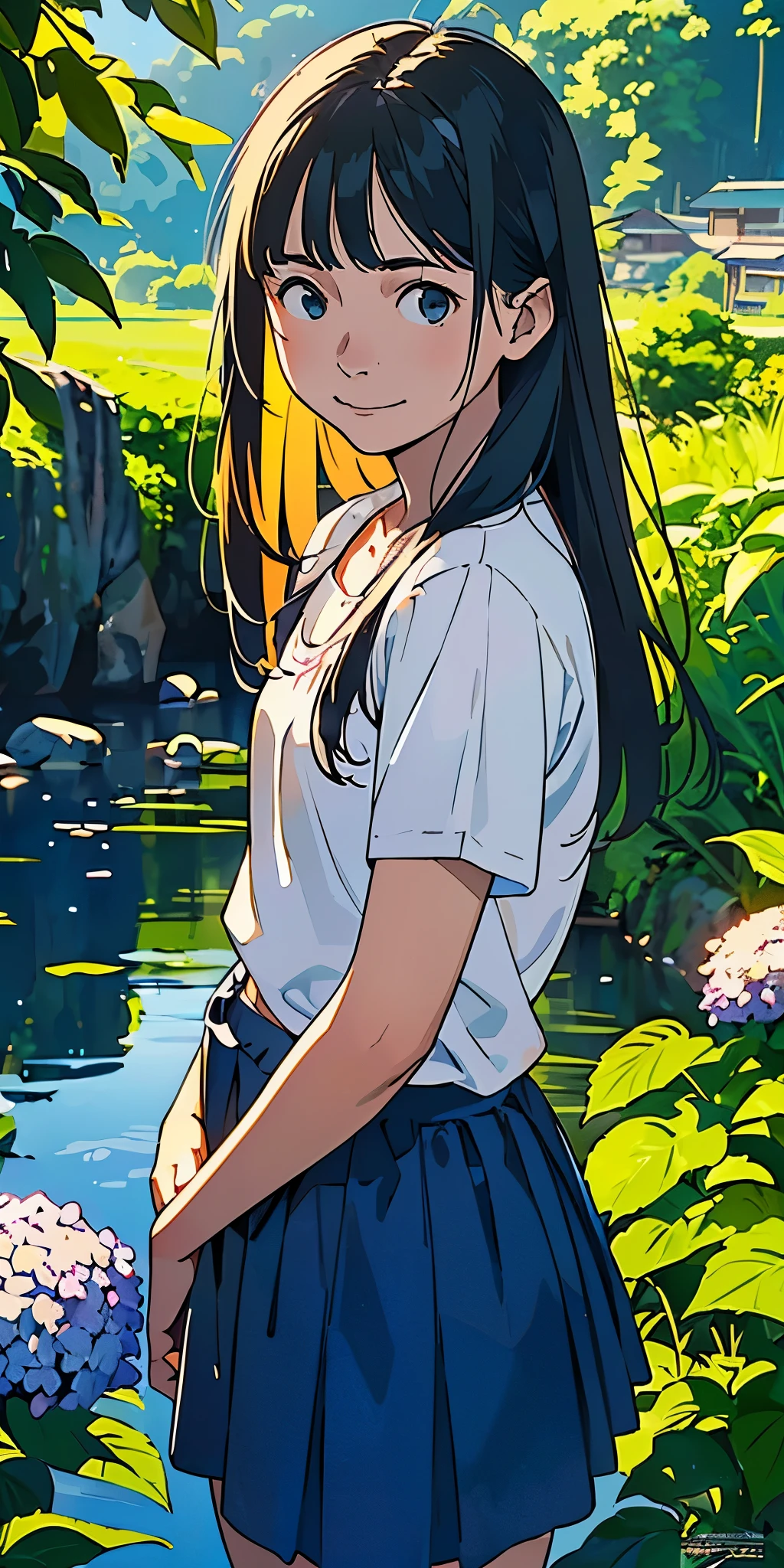 reasonable design, Clear lines, High Sharpness, (highest quality,4k,Perfect sharpness,Ultra fine,High resolution,masterpiece:1.2), Perfect Anatomy:1.5, Official Art, Illustrations that tell a story, (Whitish background:0. 9)、Body Positivity、More Mr.Physical expression、(Random and mischievous poses)、Perfect beauty、Perfect beautiful face、Strong winds、A rich expression、Dynamic composition、smile、Golden ratio composition、colorful、(Mr.Different angles and perspectives)、Anime Art、mini skirt、(Overcoming stereotypes)、 Glowing Skin、(Natural beauty)、smile、bangs、Straight Hair、(Soft and flowing hair)、(Rural Scenery)、(Nostalgic atmosphere)、Insert up to the thighs、(Playful and carefree)、(More Mr.Ethnic characters)、(innocent attitude)、(Sunny atmosphere)、Skirt flipped up、(Bright colors)、Belly button exposed、Beautiful Eyes、Hydrangea blooming season、A skirt fluttering in the wind、Side angle、Brown Hair Color、