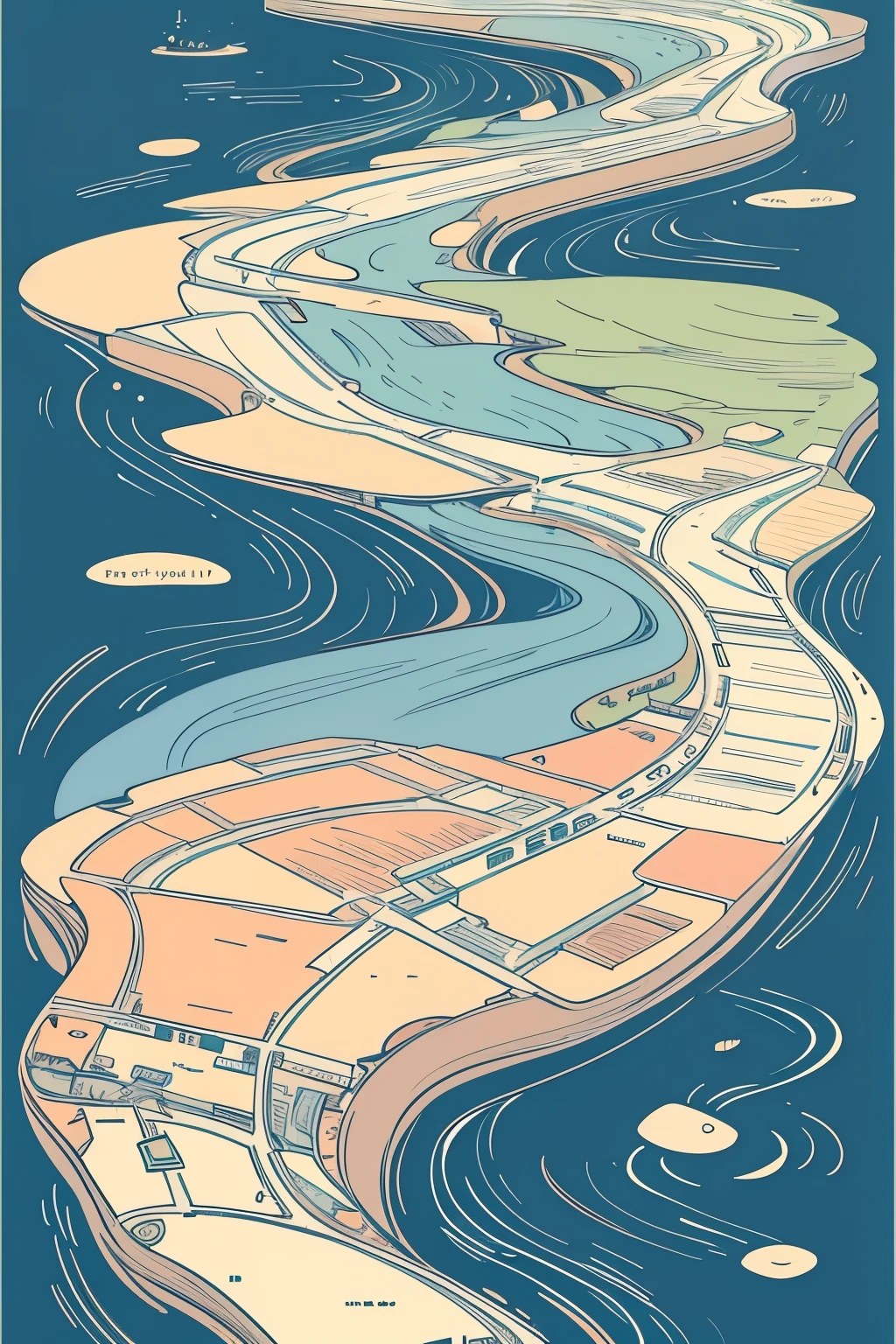Stream of consciousness lines retro literary river concept background map