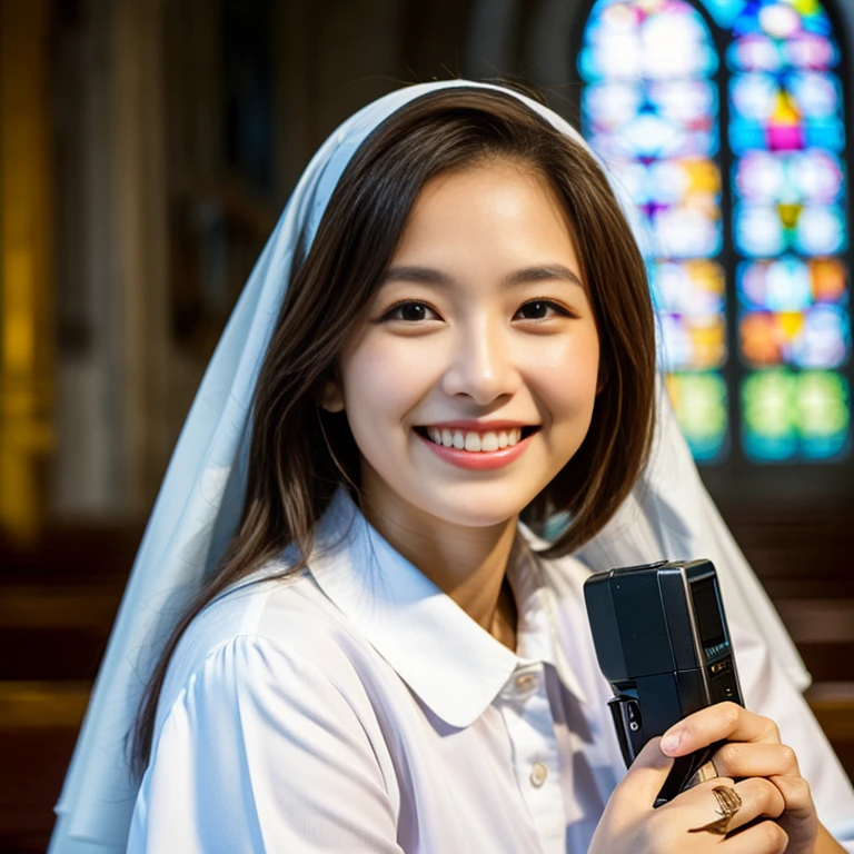 (highest quality、4K、High resolution、masterpiece: 1.2)、Super detailed、(Real: 1.37)、Beautiful nun、smile、Bald Head: 1.6、point the gun at the viewer: 1.5、Inside the chapel