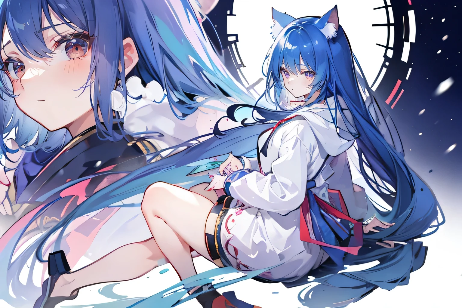 （masterpiece：1.2），Super detailed，lifelike，Expressive eyes，fair skin，perfect face shape，1 girl，
Japanese comics,Gorgeous blue hair,flowing blue hair,flowing clothes,Cat ears,Petals fall,beautiful lola,Baby Angel,
Shaking head with one hand，Cross your legs，Gentle and peaceful background，The pavilion is cool and comfortable,smile, wearing hoodie, background of tokyo,back views,snowing, winter.