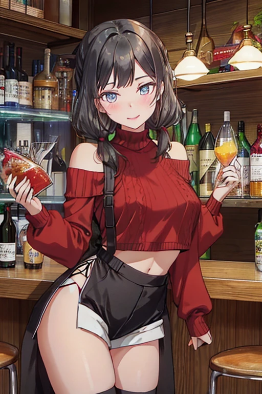 (from below:1.5),(from side:0.9), ((Face)), (Close-Up:1.2), masterpiece,"A 26-year-old girl stands at a bar counter. She is dressed in a stylish off-shoulder dress, sweater dress, off-shoulder sweater, red sweater,garter stocking, cleavage:1.1, midriff, black shorts, black thighhighs, thigh strap, pretty girl, (highly detailed beautiful face and eyes,firm breasts),real skin,((black,hair,long pony tail hair)),thin pubic hair,cute and lovely pose, detailed eyes, This masterpiece is only visually stunning but also tells,(double breasted:0.6,under bust:0.6),(with sparkling eyes and a contagious smile),open mouth. The bar is beautiful, with colorful bottles of alcohol in the background and a soft glow from neon lights. The atmosphere is relaxed, and the girl looks confident and fashionable.",full body, sexy pose,make a cocktail , in a bar counter, Looking at Viewer,