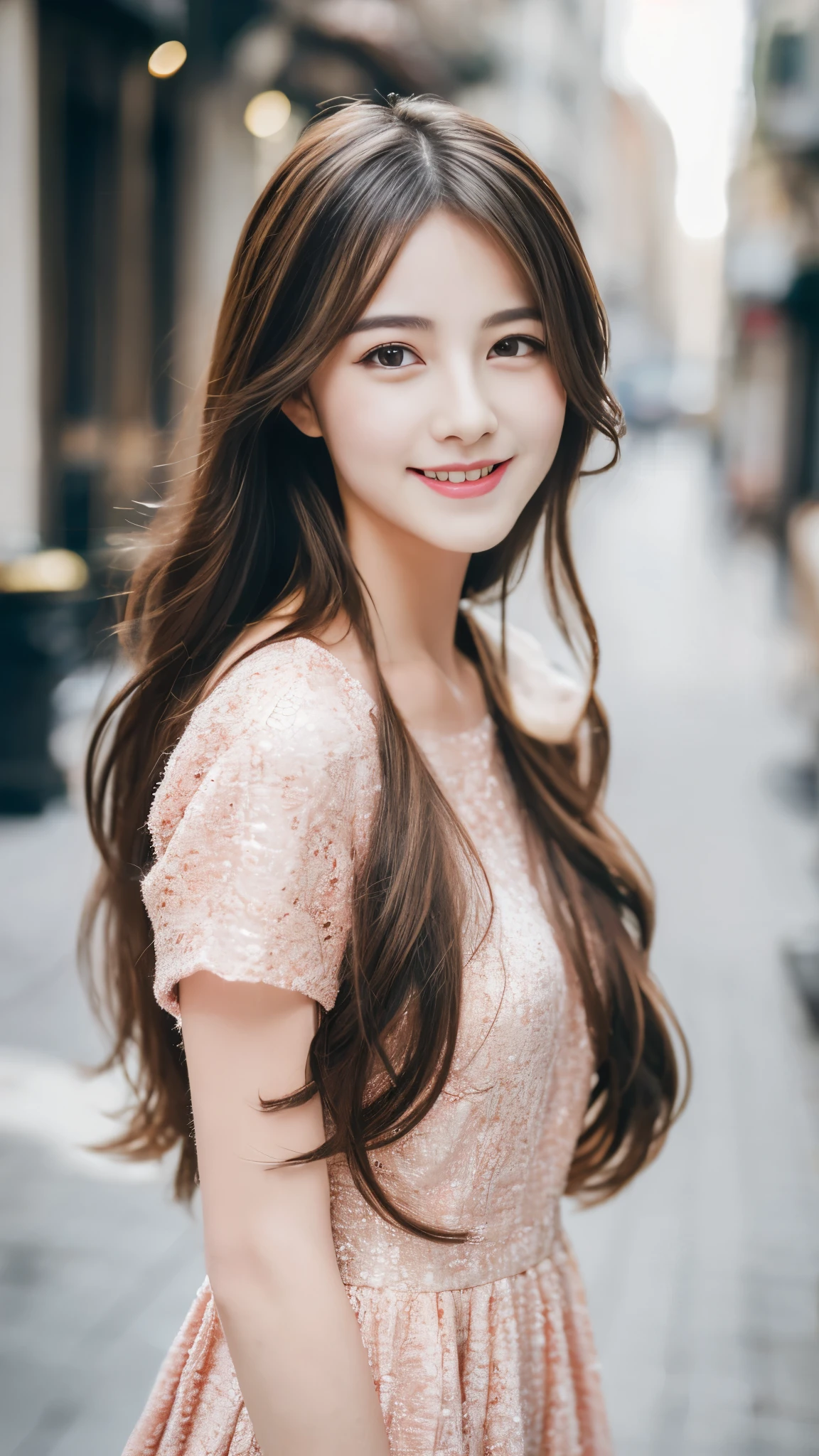 ((highest quality, 8k, masterpiece: 1.3)), 1 girl, smile, whole body, Slim face, Beautiful woman, (Free hair coloring), Free Color Full Length Dresses: 1.1, Stylish pumps, Highly detailed face, Fine grain, double eyelid, Blurred Background, Slim face, city, outside, street,