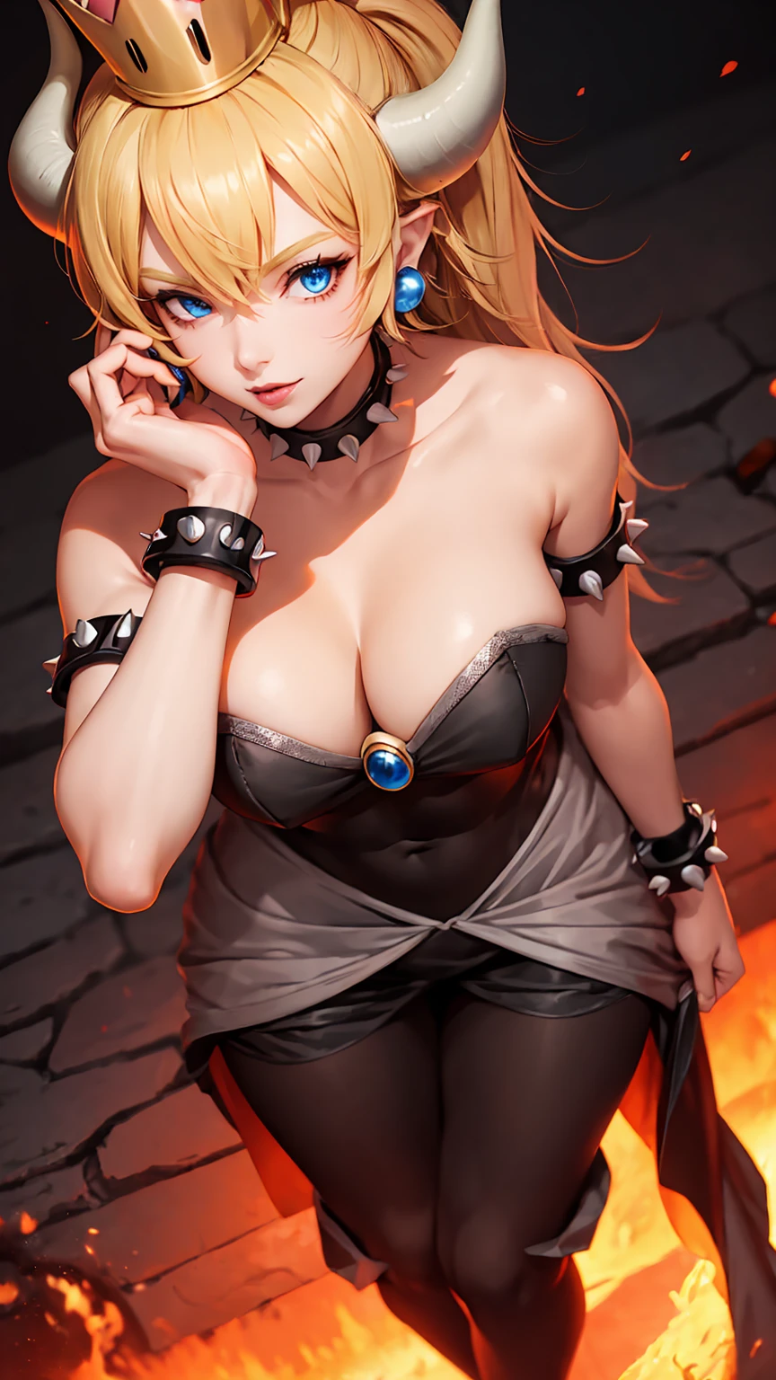 ((high detailed, best quality, 4k, masterpiece, hd:1.3)), ((best quality)), (((HD))), (((8k))), (ultraDH), (ultra HD), Bowsette, blue eyes, BREAK blue eyes, seductive, attractive, smooth anime cg art, 36C breasts, long legs, vivid colors, detailed digital art, slim body, perfect skin, dark blonde hair, long hair, blonde hair, blonde hair, BREAK crown, cleavage, 36C cleavage, looking at viewer, BREAK looking at viewer, extremely detailed face, red santa suit, red santa claus suit, santa claus suit, earrings, gem, dark black makeup lips, dark gothic eyeshadows, dark eyeshadows, black eyeshadows, black sexy lips, black lips, (dark:1.2), dark lips, very dark lips, (perfect hands, perfect anatomy), black makeup, black medium lips, black thick lips, detailed fingers, five fingers per hand, 5 fingers, (1 girl), detailed lips, detailed black lips, black painted lips, gothic painted lips, BREAK night, night sky, (breast focus), (arms outstreched:1.2), (from above:1.1), (breasts out:1.3), (off shoulder:1.1), (white horns), (lingerie), inside a lava castle, she inside a sea of lava, she bathing in lava, full body, perfect long legs, perfect foots, legs and foots into the lava,