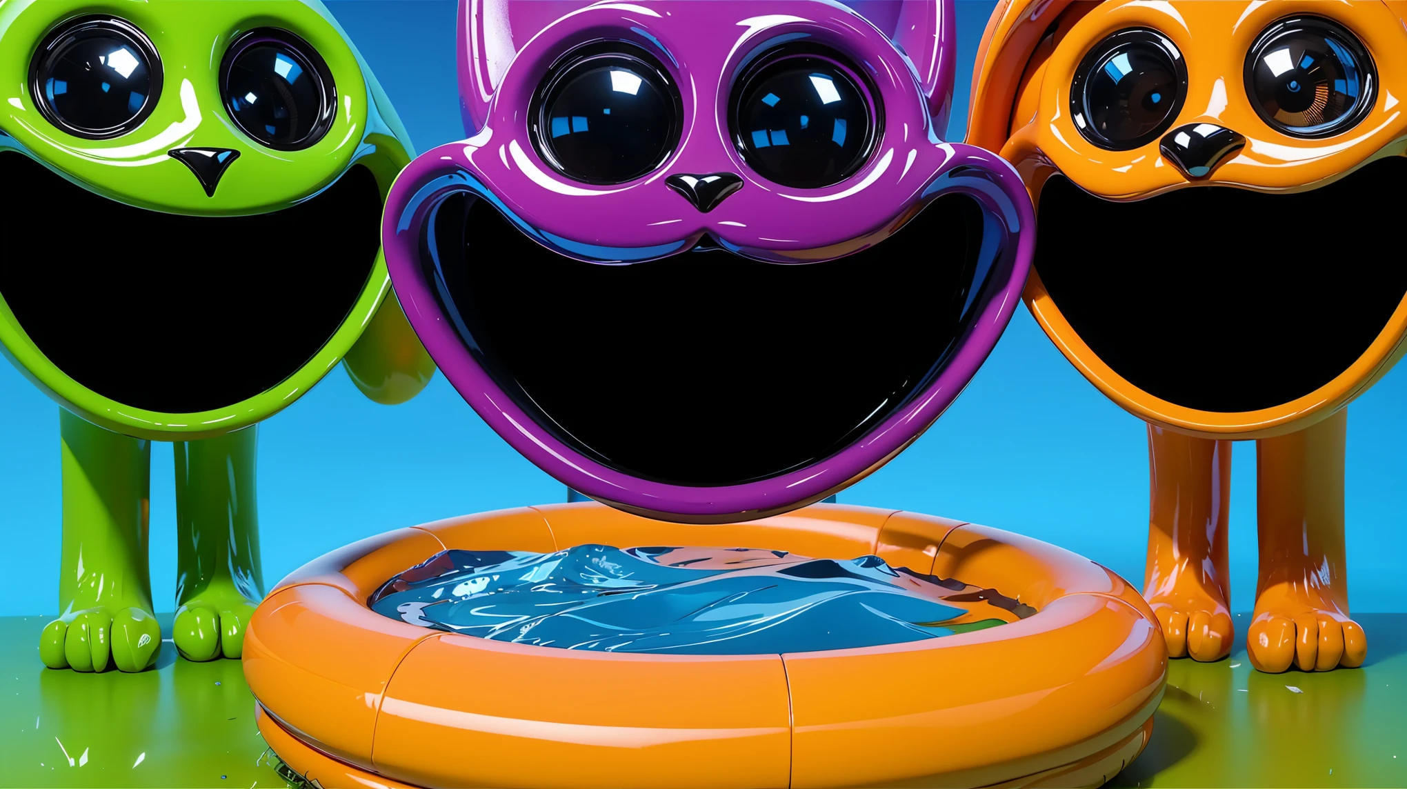 The image depicts two large orange glossy feet with five toes each, standing on a blue surface. The feet have a unique design, with the big toe pointing inwards. The skin on the feet has wrinkles and looks rough. The image depicts two large orange feet with five toes each, standing on a blue surface. The feet have a unique design, with the big toe pointing inwards. The skin on the feet has wrinkles and looks rough. cartoon key frame rendering, cute 3D rendering, Shiny metallic,Create ultra sharp цветной рендеринг zbrush. perfect cgi, cgi art created only with gradients, smooth silhouette, Create ultra sharp skin, high intensity refraction, (plastic material), most beautiful vfx, blue background, plastic refractions, glossy texture, smooth 3d model, multiple light sources, rim light, sharp post effects render, (glossy plastic texture with multiple big light probe refractions), perfect cgi, cgi art created only with gradients, smooth silhouette, high intensity refraction, (plastic material), most beautiful vfx, blue background, plastic refractions Create ultra sharp