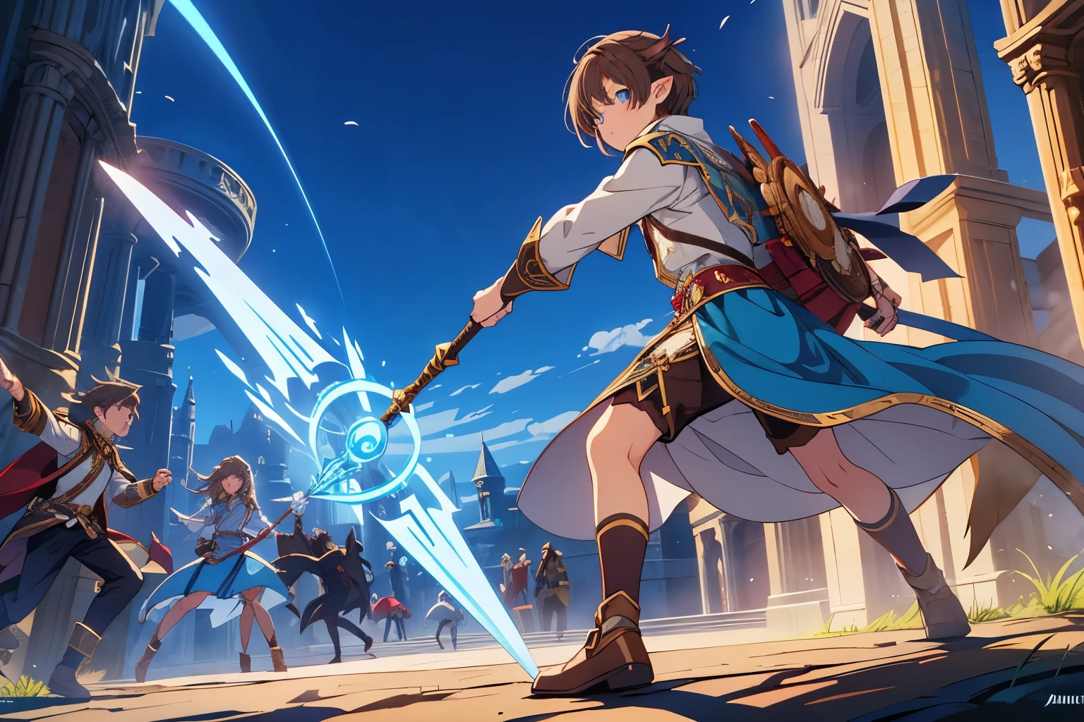 young man, brown hair, blue eyes, elf ears, magic staff, magic fantasy world, fighting, actionscene, with friends