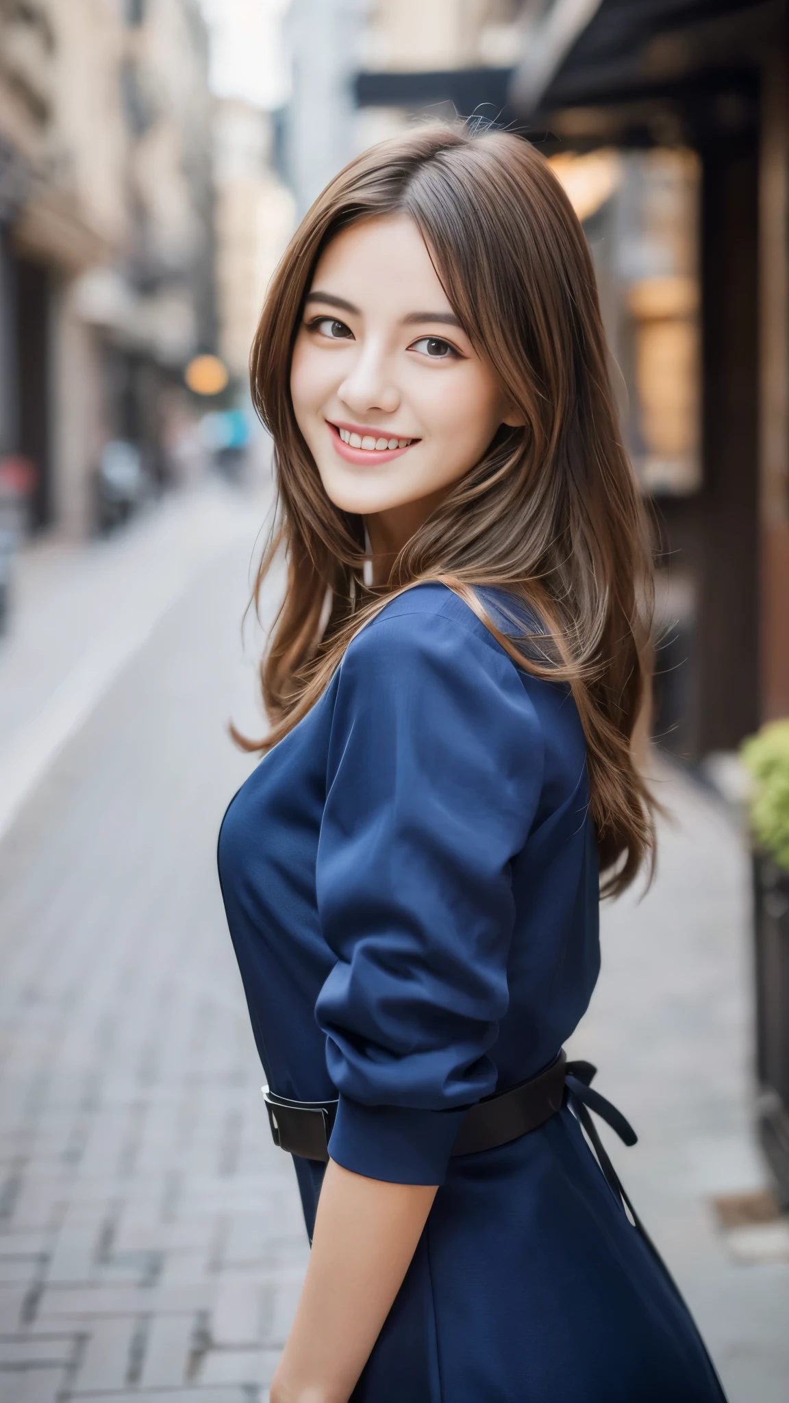 ((highest quality, 8k, masterpiece: 1.3)), 1 girl, smile, whole body, Slim face, Beautiful woman, (Free hair coloring), Free Color Full Length Dresses: 1.1, Stylish pumps, Highly detailed face, Fine grain, double eyelid, Blurred Background, Slim face, city, outside, street,