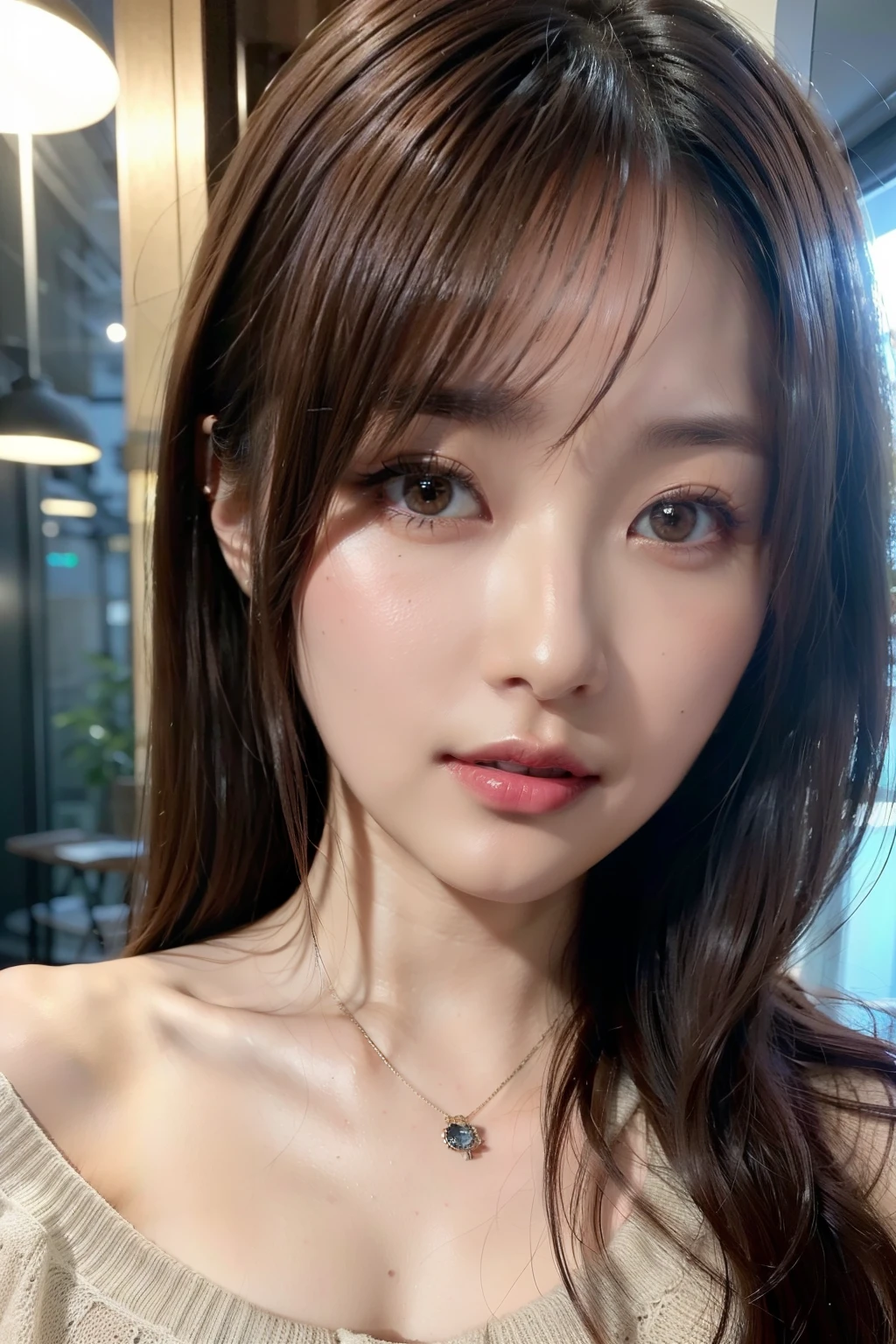 ​masterpiece、1 beautiful girl、A detailed eye、Puffy eyes、top-quality, 超A high resolution, (Realisticity: 1.4), japanes、Asian Beauty、Korea person、Super beauty、Beautiful skin、A slender、The body is facing forward、(A hyper-realistic)、(hight resolution)、(8K)、(ighly detailed)、(beautifully detailed eyes)、(ultra-detailliert)、 (wall-paper)、A detailed face、Bright lighting、profetional lighting、looking at viewert、Facing straight ahead、Black knitwear、46-point diagonal bangs、nighttime scene、Brown hair、Nogizaka Idol、Korean Idol、hposing Gravure Idol、actress、25-years old、tall,