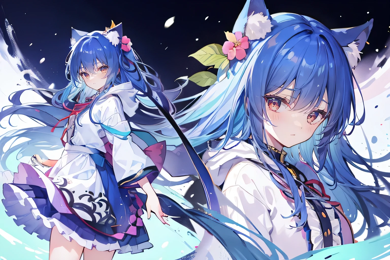 (masterpiece:1.2),Super detailed,lifelike,Expressive eyes,fair skin,perfect face shape,1 girl,
Japanese comics,Gorgeous blue hair,flowing blue hair,flowing clothes,Cat ears,Petals fall,beautiful lola,Baby Angel,
Shaking head with one hand,Cross your legs,Gentle and peaceful background,The pavilion is cool and comfortable,smile, wearing hoodie, background of tokyo,back views,snowing, winter.
