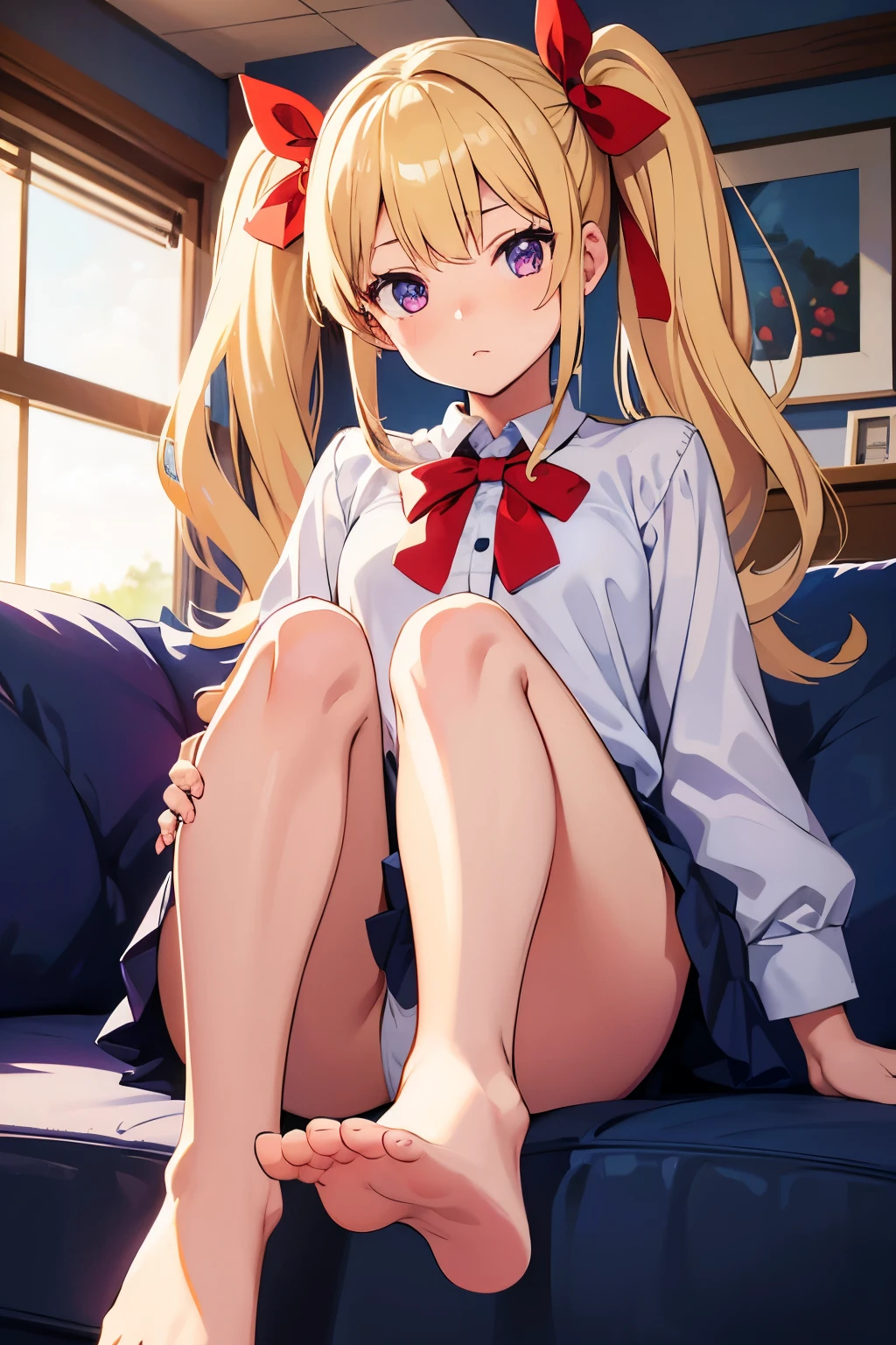 Junior high school girl A Cup Gal Blonde Long twin tails Red ribbon at twin tails Purple eyes 1 person White blouse Navy blue tie Navy blue mini skirt White panties barefoot Sitting on the sofa Dynamic Angle Low Angle