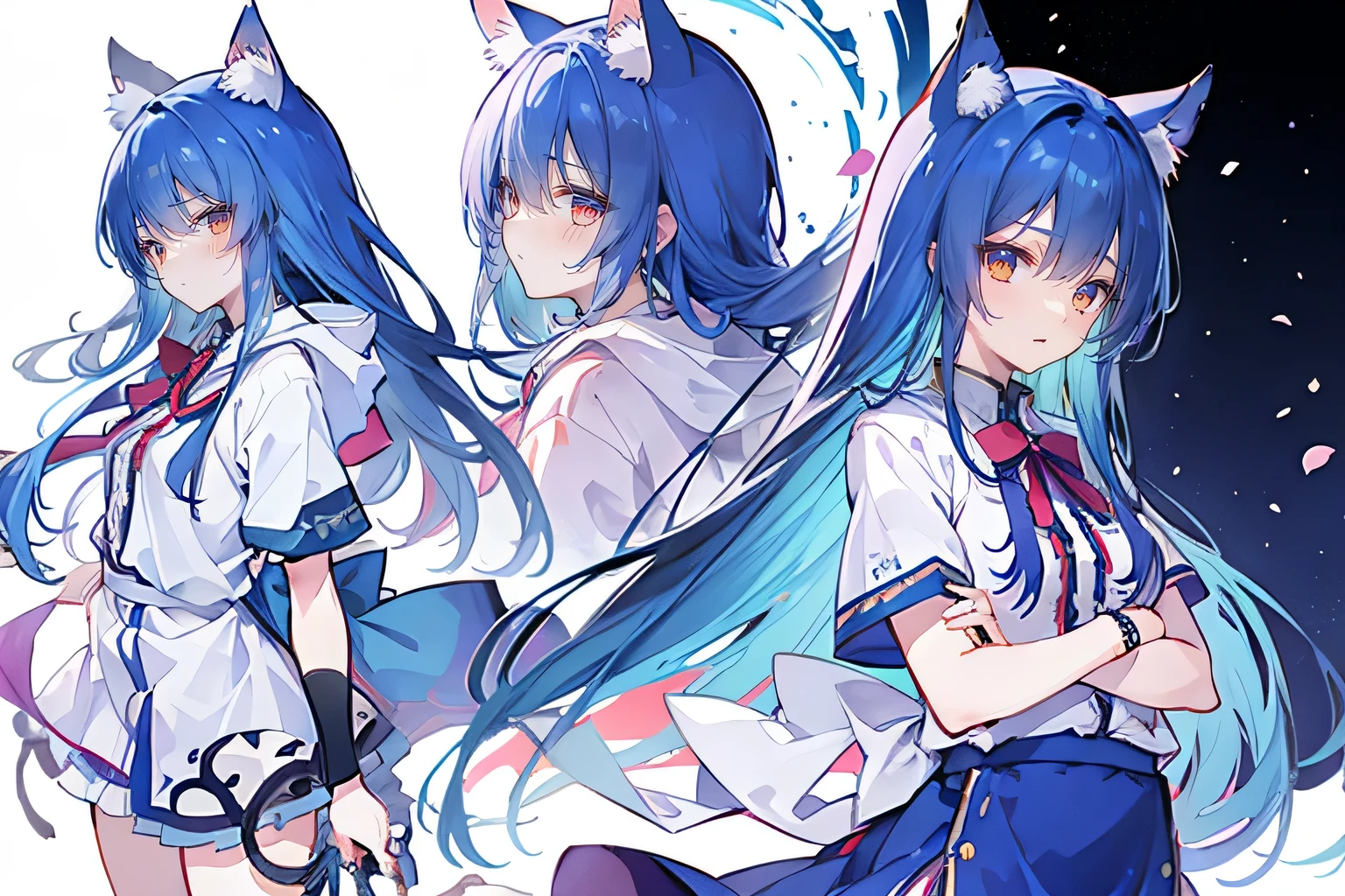 （masterpiece：1.2），Super detailed，lifelike，Expressive eyes，fair skin，perfect face shape，1 girl，
Japanese comics,Gorgeous blue hair,flowing blue hair,flowing clothes,Cat ears,Petals fall,beautiful lola,Baby Angel,
Shaking head with one hand，Cross your legs，Gentle and peaceful background，The pavilion is cool and comfortable,smile, wearing hoodie, background of tokyo,back views,snowing, winter.