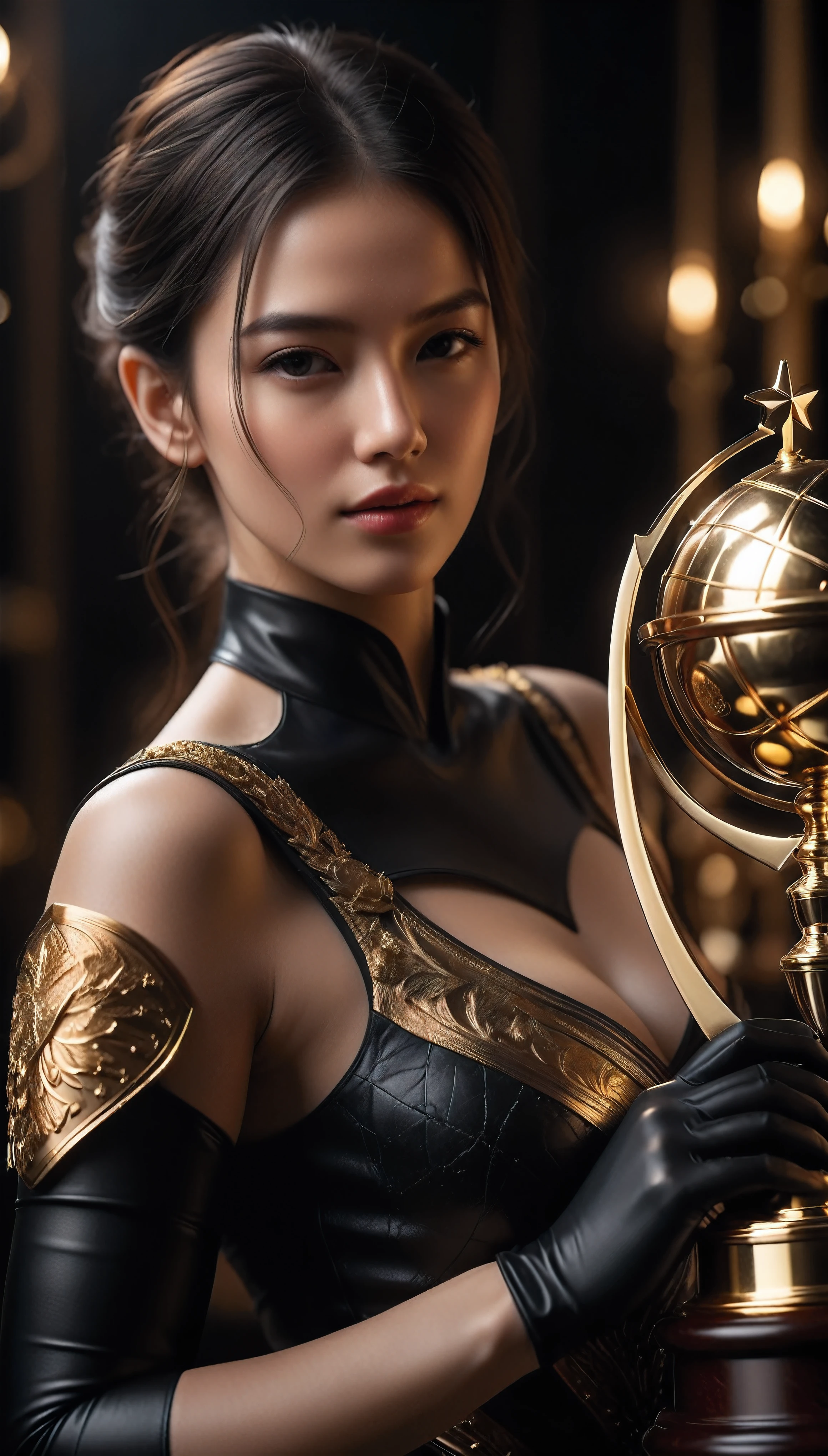 ((Masterpiece in maximum 16K resolution):1.6),((soft_color_photograpy:)1.5), ((Ultra-Detailed):1.4),((Movie-like still images and dynamic angles):1.3). | (cinematic photo of beautiful female with large gold trophy), (large gold trophy), (beautiful female with fancy hand gloves), (focus on the gold trophy), (cinematic lens), (exotic trophy), (luminous object), (majestic atmosphere), (shimmer), (aesthetic background), (visual experience),(Realism), (Realistic),award-winning graphics, dark shot, film grain, extremely detailed, Digital Art, rtx, Unreal Engine, scene concept anti glare effect, All captured with sharp focus. | Rendered in ultra-high definition with UHD and retina quality, this masterpiece ensures anatomical correctness and textured skin with super detail. With a focus on high quality and accuracy, this award-winning portrayal captures every nuance in stunning 16k resolution, immersing viewers in its lifelike depiction. | ((perfect_composition, perfect_design, perfect_layout, perfect_detail, ultra_detailed)), ((enhance_all, fix_everything)), More Detail, Enhance.