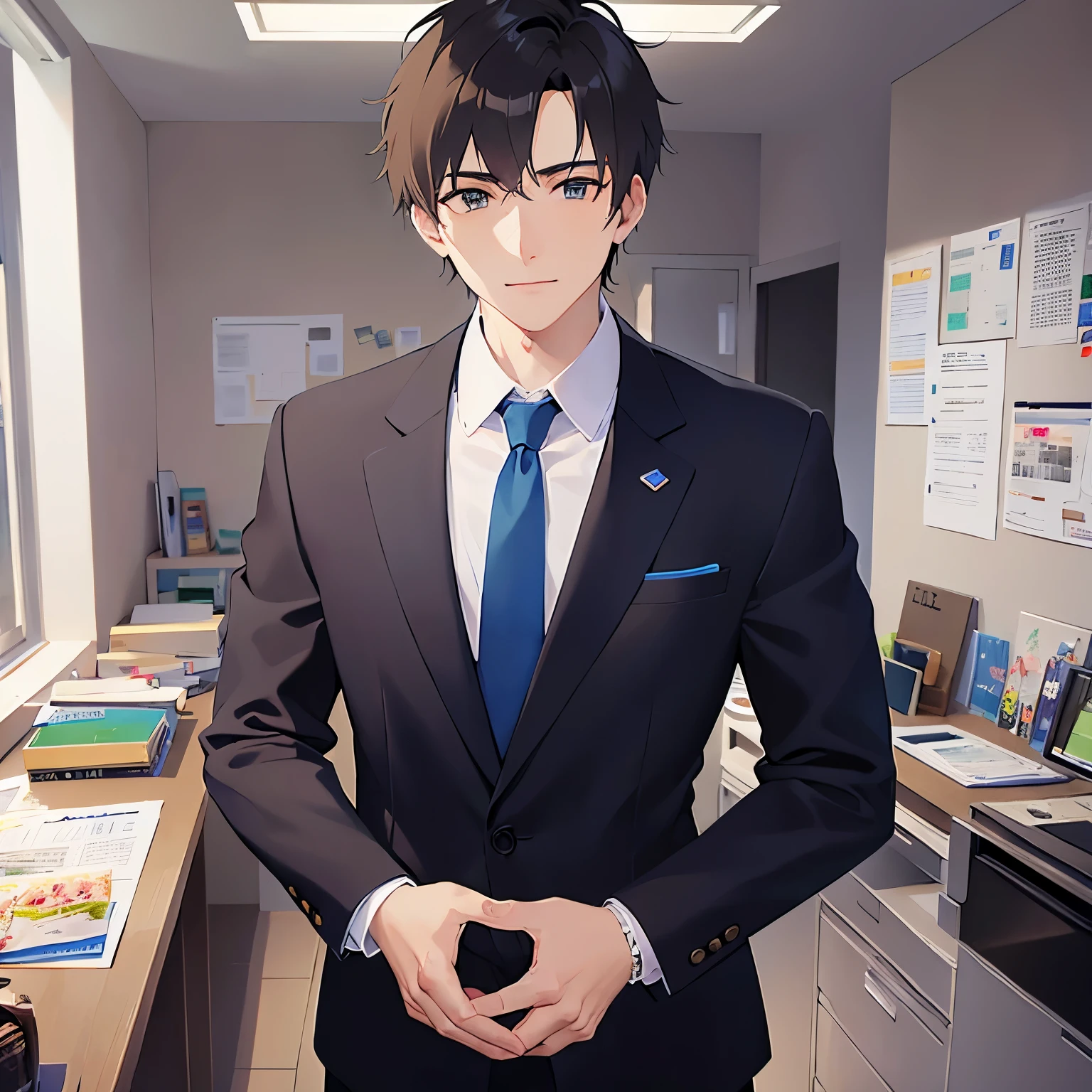 upper body、shiny skin, masterpiece、highest quality、(25-year-old male:1.5) and (Brown short hair) and (Green Eyes), (Wearing a suit) and (Blue tie)、(sad:1.3)、smile, Background is an office room、(Alone:1.5)